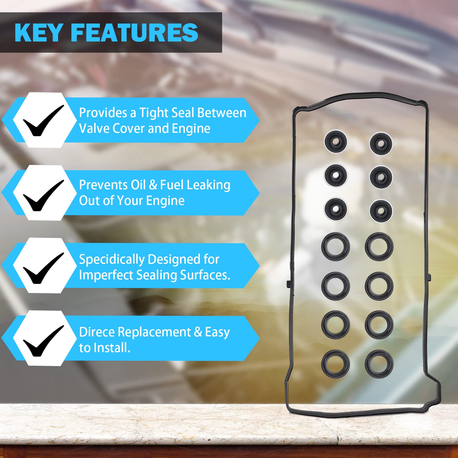 Valve Cover Gasket Set - Compatible with 2.0L 2.3L 2.4L 2002-2015 Honda Accord, Civic, CR-V, Element, Crosstour, Acura CSX, ILX,