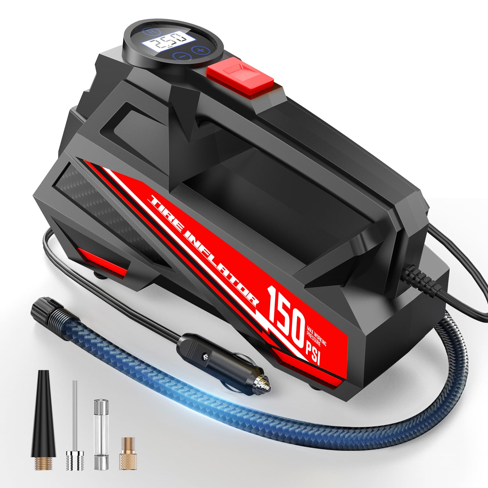 FLYKID Tire Inflator Portable Air Compressor- 12V DC Air Pump for Car Tires with 150PSI LCD Digital Gauge & Emergency LED Light,