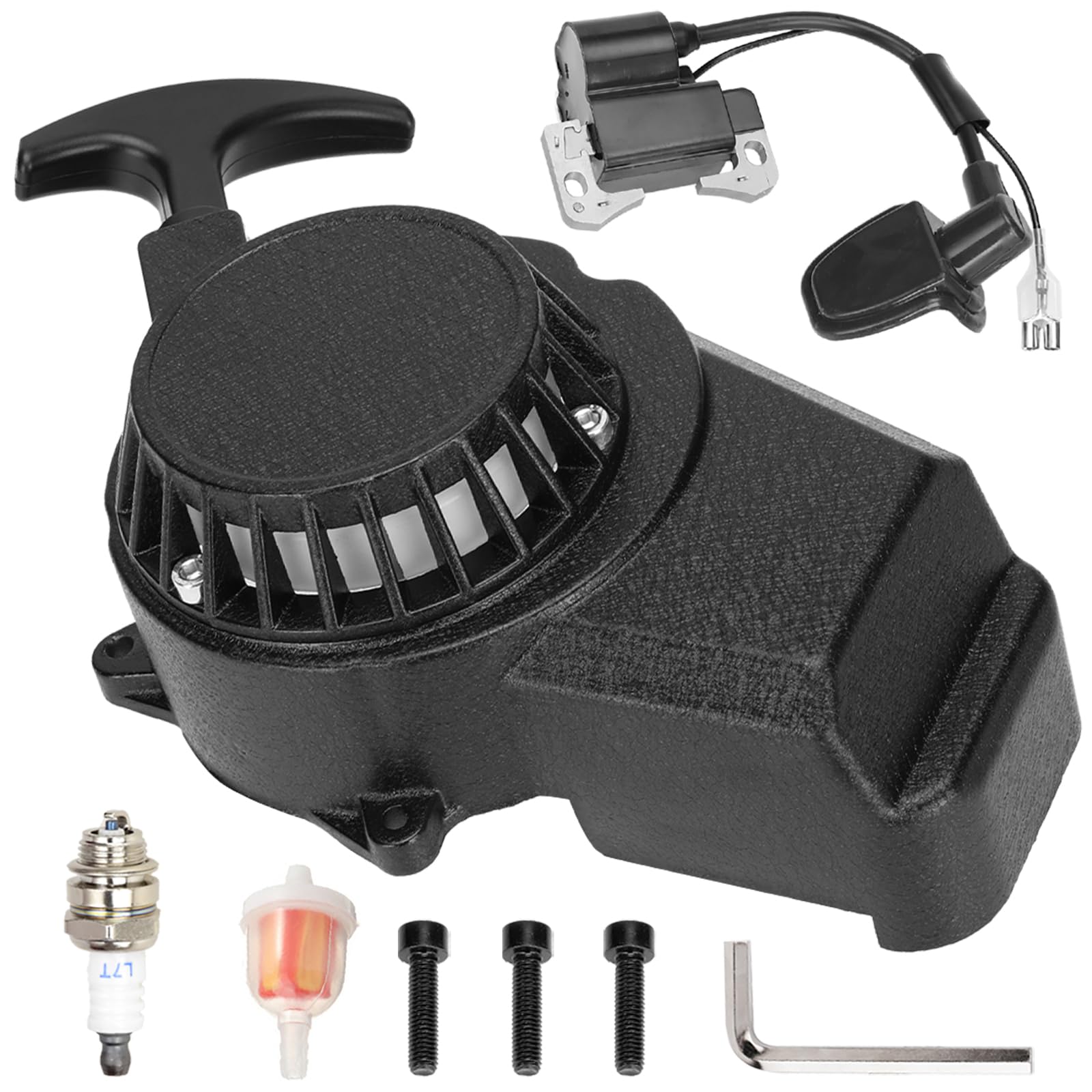 Fvrito Alloy Easy Pull Recoil Start Starter Ignition Coil For 2 Stroke Engine 47Cc 49Cc 50Cc Syx Taotao Coolster Ssr Mototec Chinese Mini Atv Quad 4 Wheeler Go Kart Pit Dirt Pocket Bike Motor Black