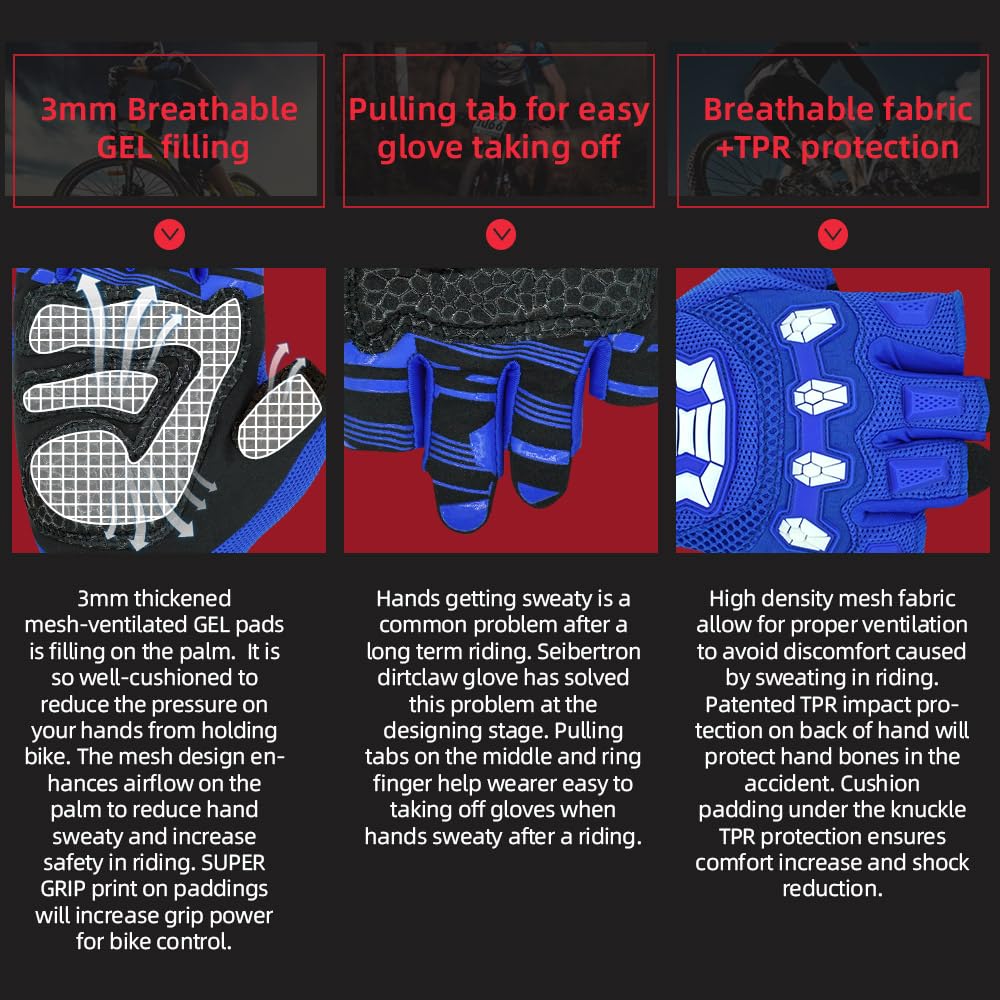 Seibertron Adult Dirtclaw Gloves - Versatile Gloves For Cycling, Atv, And Mountain Biking Blue Xxl