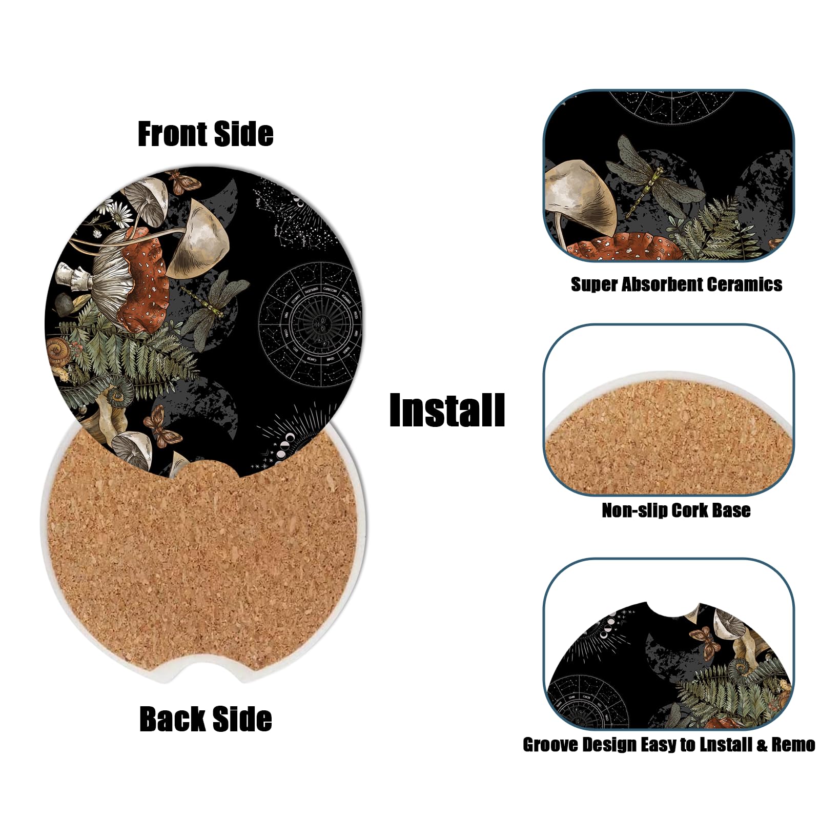 Magic Forest Mushroom Car Cup Holder Coaster - Moon Phase Absorbent Ceramic Coaster, Car Coasters for Cup Holders, Auto Accessor