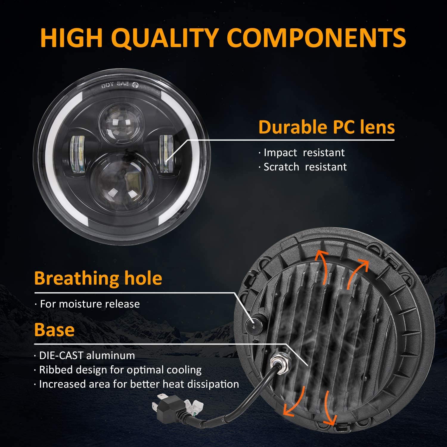 Zmoon 7 LED Motorcycle Headlight with Hi/Low Beam & Amber/White Turn Signal, DOT Approved for Harley-Davidson, Jeep Wrangler, Hummer