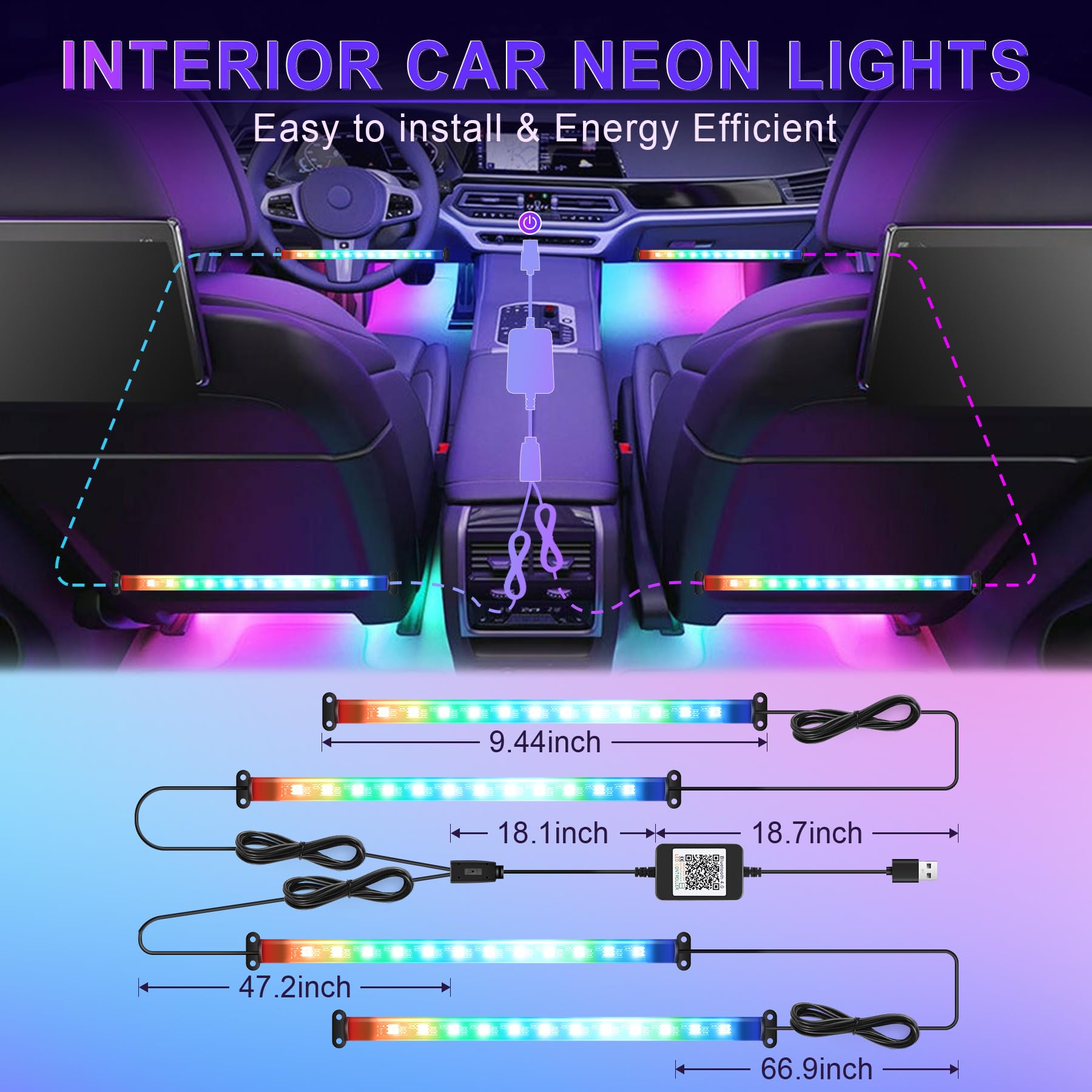 Livtee Accent Interior Car Lights, Smart Car Interior Lights With App Control, Rgb Led Lights With Music Mode And Diy Mode, 2 Li