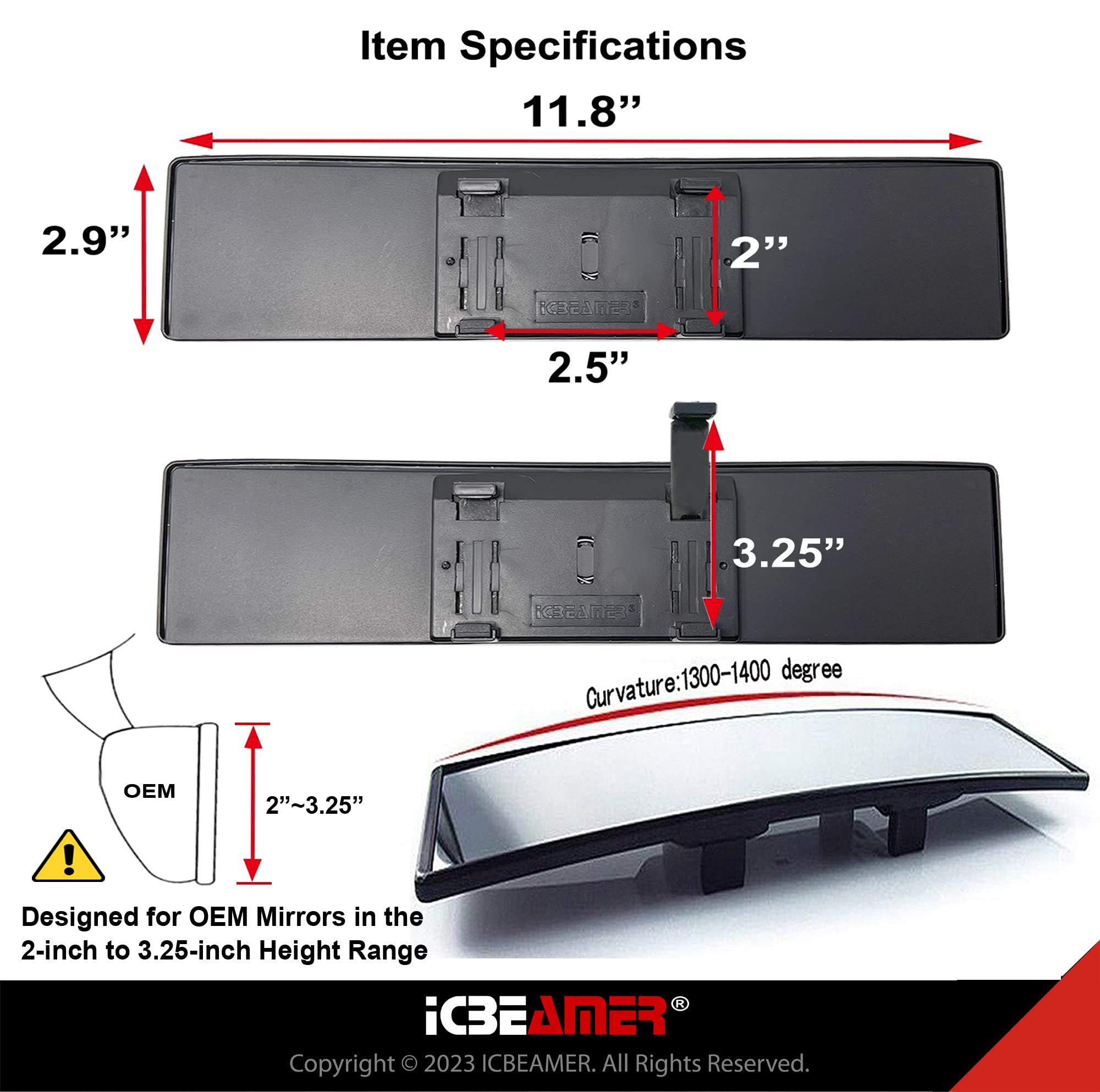 Icbeamer 11.8'' 300Mm Easy Clip On Wide Angle Panoramic Blind Spot Fit Auto Interior Rear View Mirror Convex Clear Surface