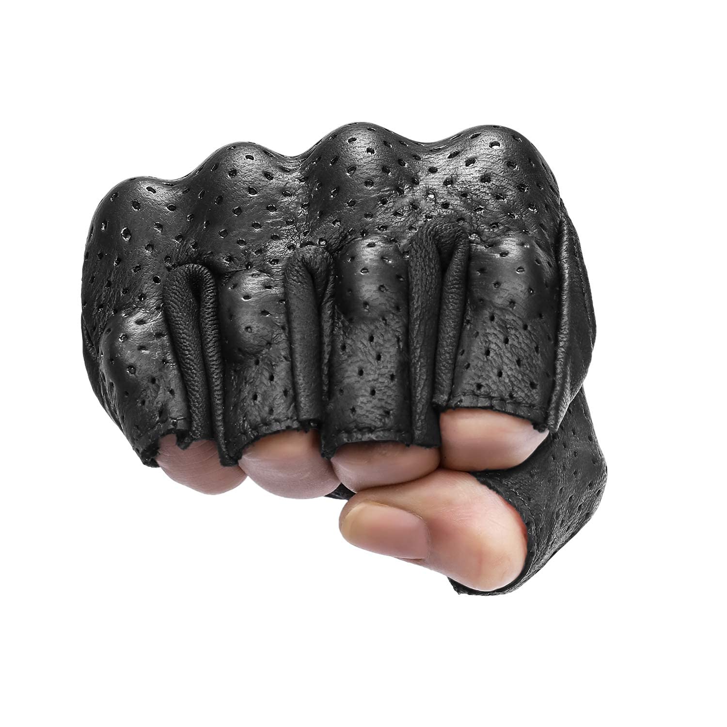 Superbike Half Finger Motorcycle Gloves, Black Goatskin Leather, Medium, Knuckle Armored, Perforated Motocross Gear (G11-Black)