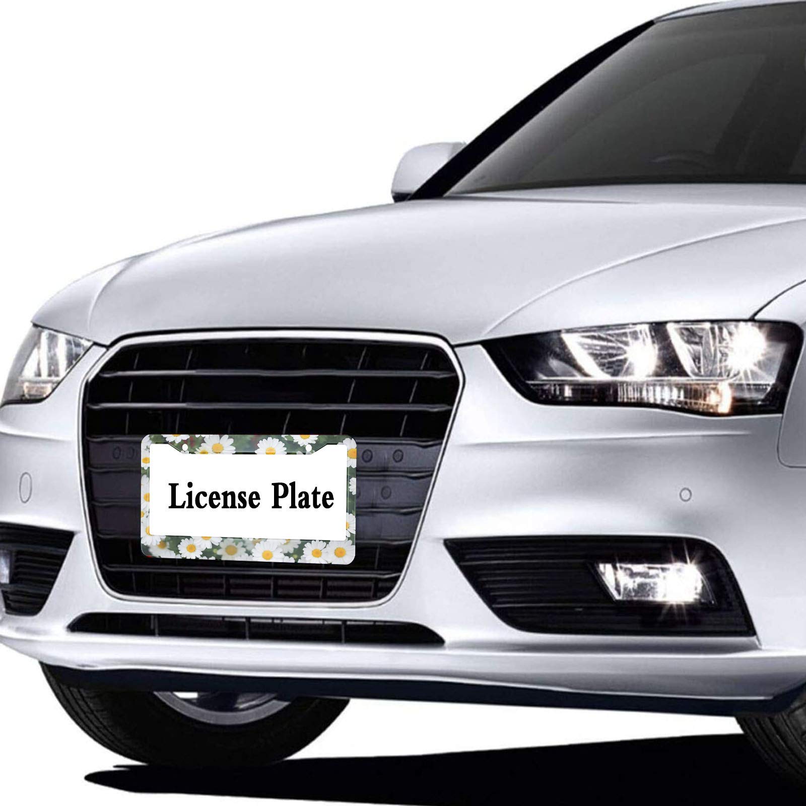 HOSNYE Daisy Flower License Plate Frame White and Yellow in The Grass Metal License Plate Cover Front Plates Frames Car Tag Fram