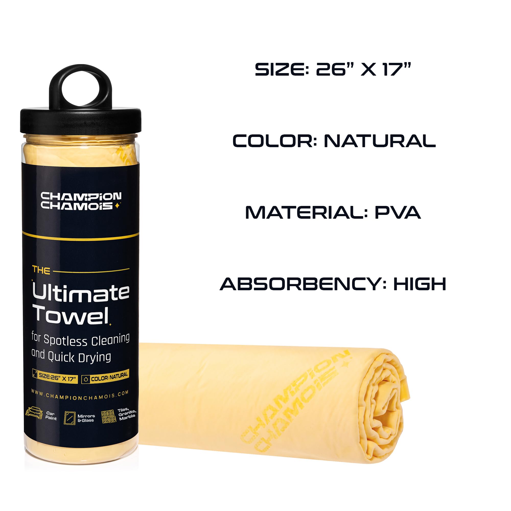 Premium Ultraabsorb+ Shammy Towel For Cars, Boats, Home (26X17) - Super Soft, Scratch Free, Lint Free Chamois Cloth - Reusable Car Drying Towel - Natural/Yellow