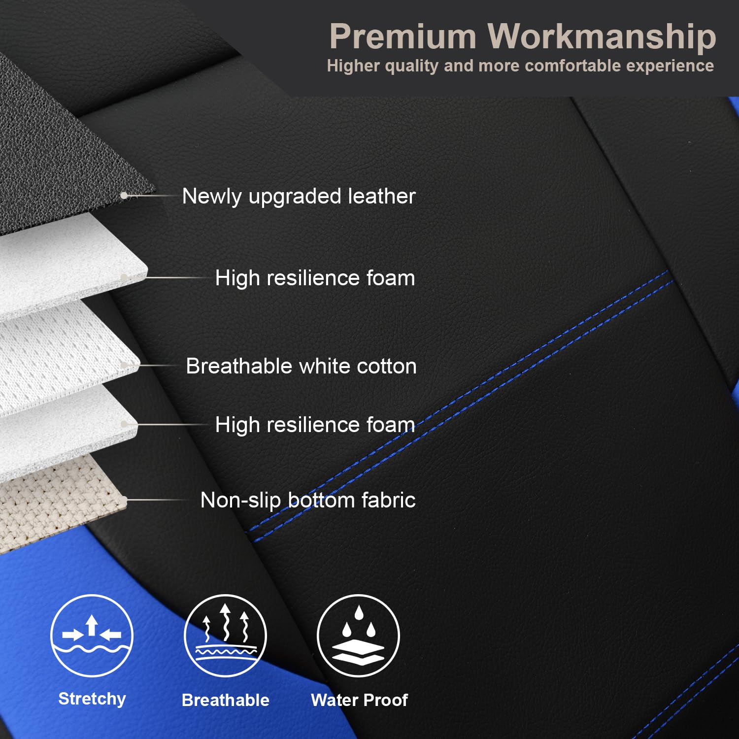 Giant Panda Front Car Seat Cover Customized Fit Chevy Silverado 1500 2500 3500 Trucks Seat Protectors (Blue+Black) 2-Pack