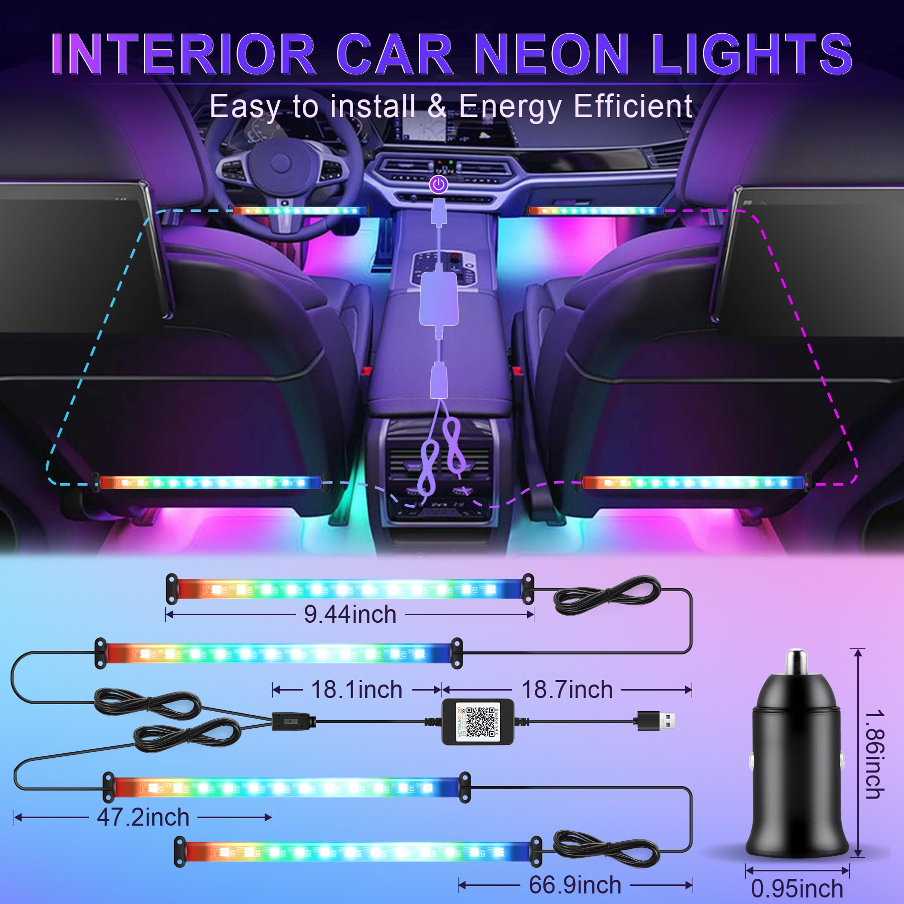 Livtee Smart Car Interior Lights, Rgb Led Accent Lights With App Control, Music Mode, Diy Mode, 2-Line Design, Charger Included,