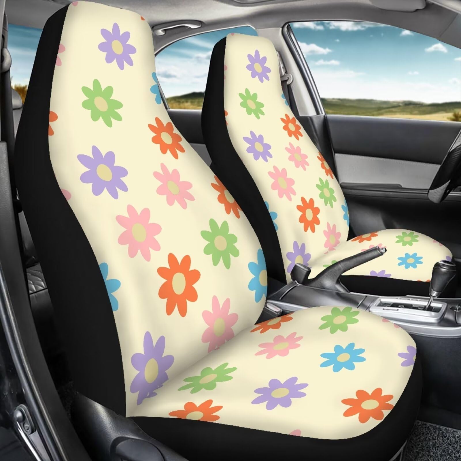 Fuibeng 2 Pack Aesthetic Hippie Flower Car Seat Covers For Women,70S 80S Boho Groovy Floral Seat Cover For Front Seats,Washable