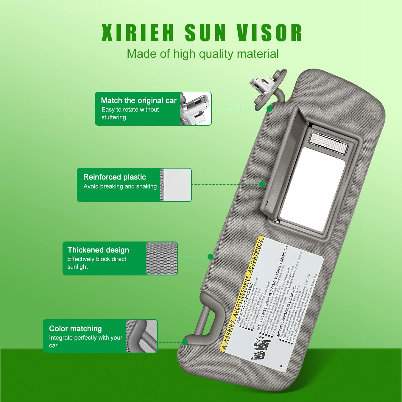 Right Passenger Side Sun Visor for Toyota Highlander 2014 2015 2016 2017 2018 2019 Grey with Light Replace # 74310-0E072-B0 (Gre