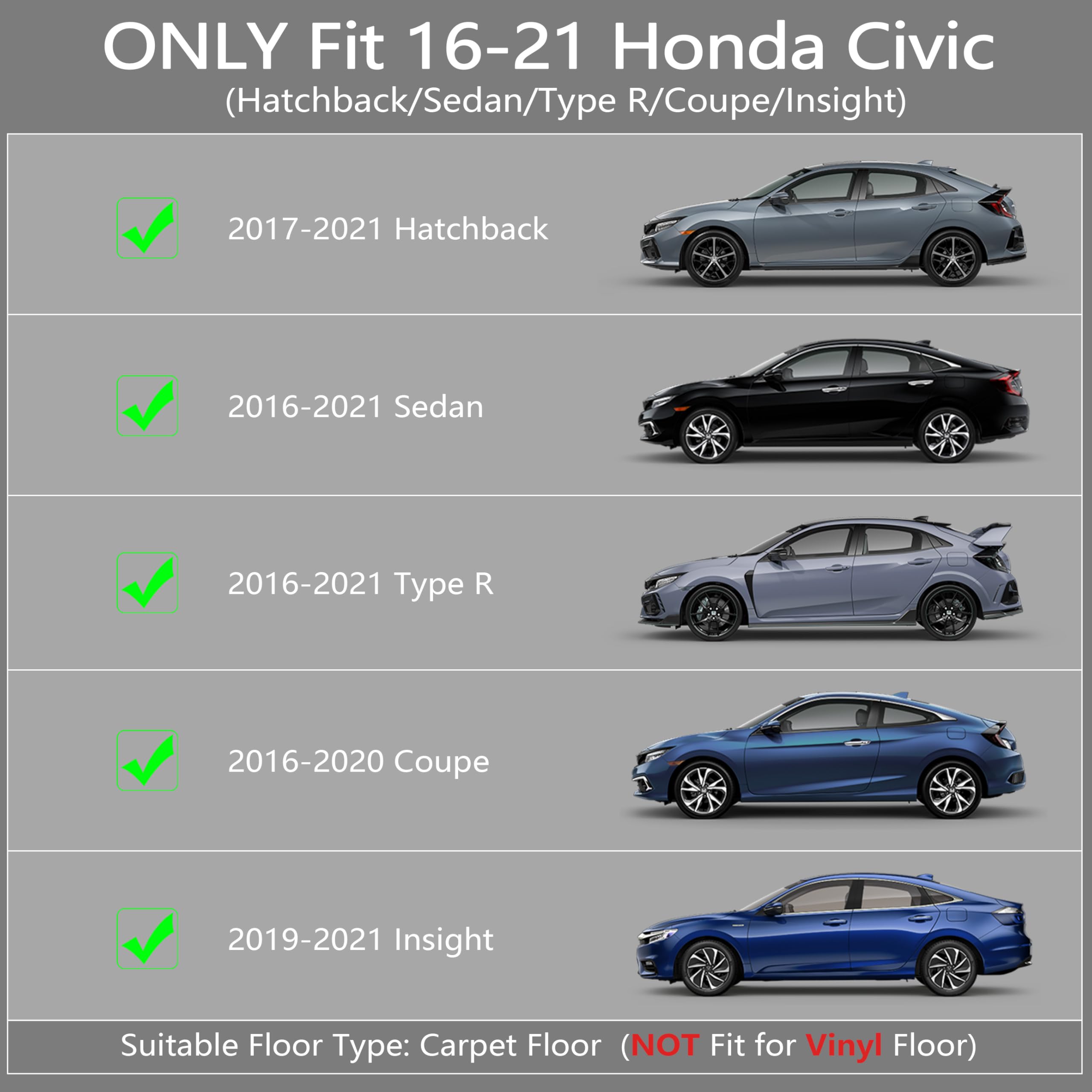 Karpal Floor Mats Fit For 2016-2021 Honda Civic Coupe/Sedan/Type R/Insight, 2017-2021 Honda Civic Hatchback, Front & 2Nd Row, Tp