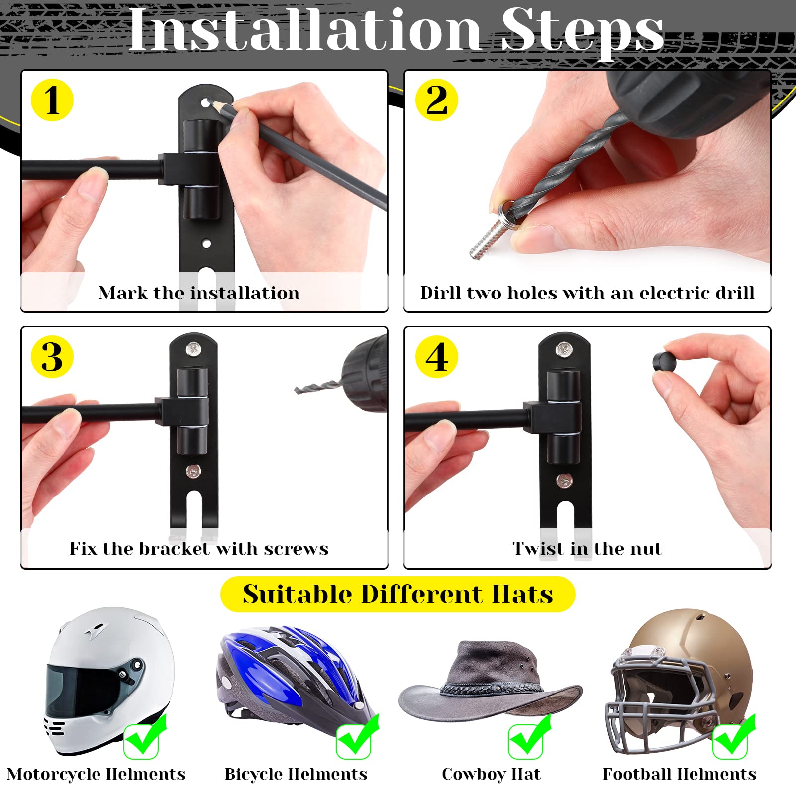 Shimeyao 3 Pack Motorcycle Helmet Rack Wall Mount Helmet Holder 180° Rotation Motorcycle Gear Hanger Display Stand With 2 Hooks For Men Women, Bike Coats, Caps, Jacket, Glove, Sportswear Accessories