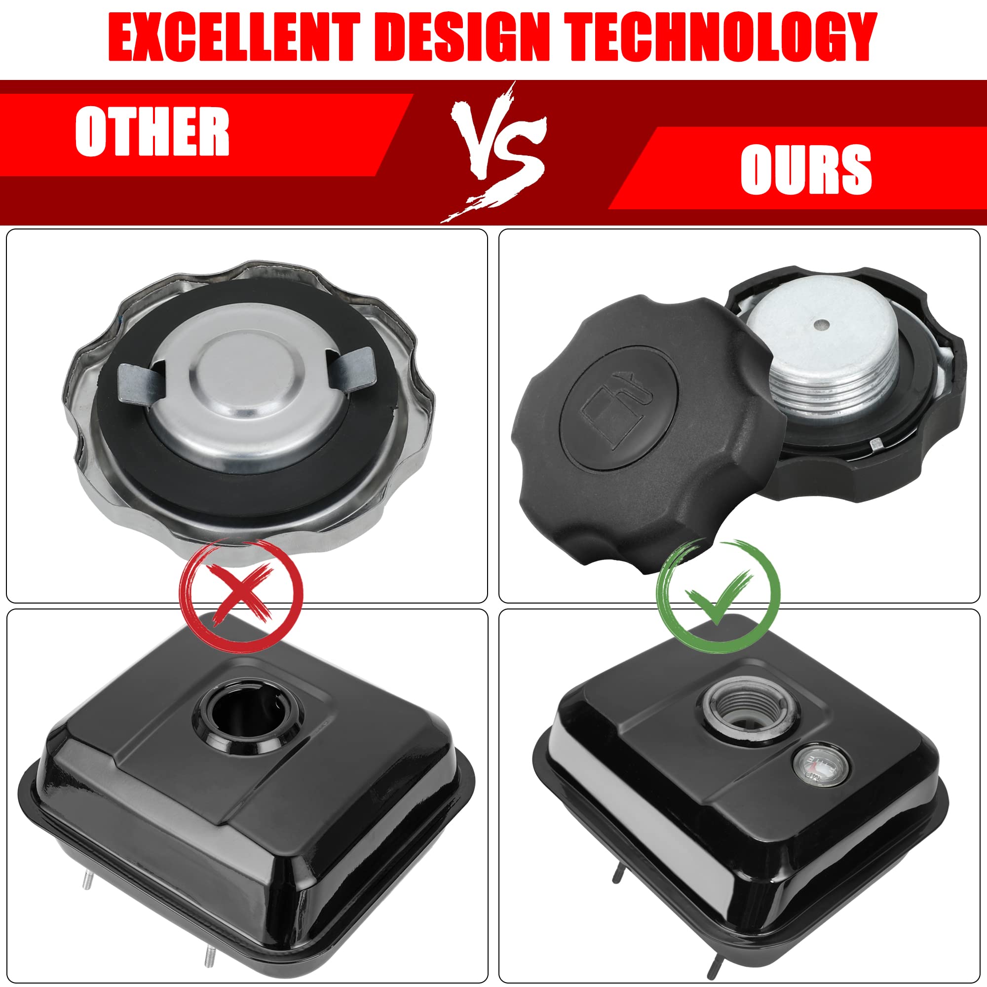 Grehua Upgrade Gas Fuel Tank With Fuel Level Gauge For Predator 212Cc 196Cc 6.5Hp Gx160 Gx200 Baja Warrior Mb165 Mb200 Coleman Ct200U Bt200X Kt196 Hammerhead 80T Go Kart Engine Mini Bike Parts Black