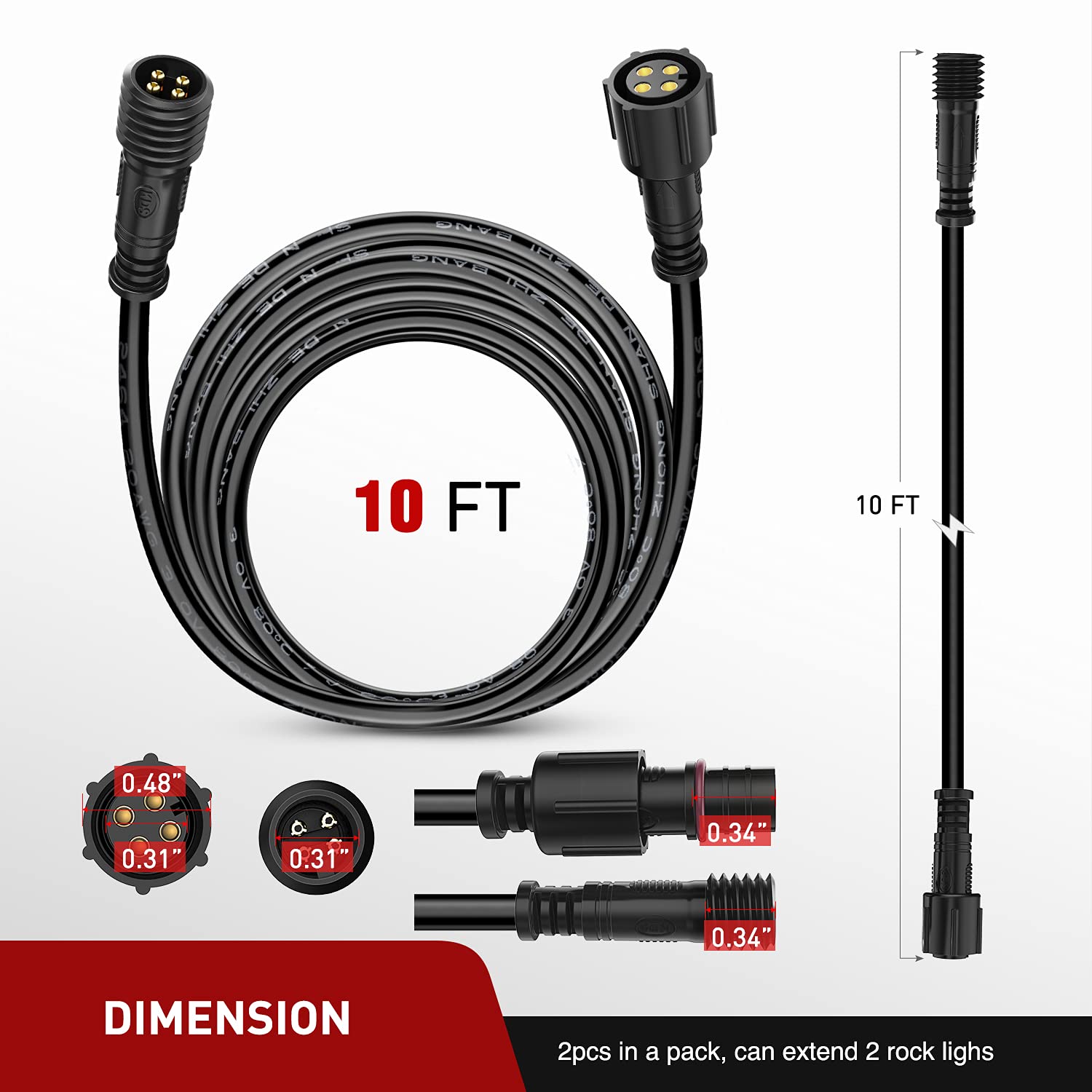 Nilight 2 Pack 10Ft 4 Pin Rgb Cable Cord For 4 And 8 Pods Multi Color Underglow Rock Light Kits Wheel Well Lights Extension Wire
