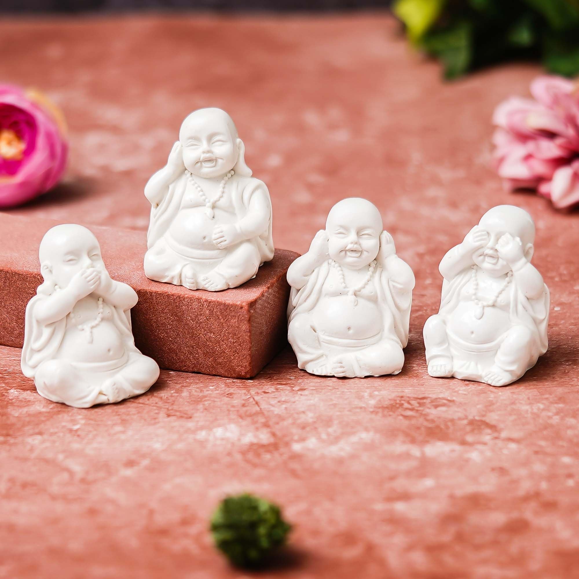 Ecraftindia Set Of 4 White Baby Monk Buddha Statues For Home Decoration  Embrace The Principles: See, Hear, Speak, And Think No