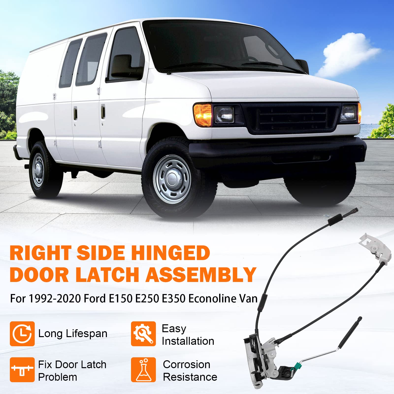 Door Latch Assembly Door Lock Cable & Rod For 1992-2020 Ford E150 E250 E350 Econoline Van With 4.6 5.4 6.2 6.8L Engine Rh Right Side Hinged Door Lock Kit - Replace # 8C2Z-15264A00-B, 8C2Z15264A00B