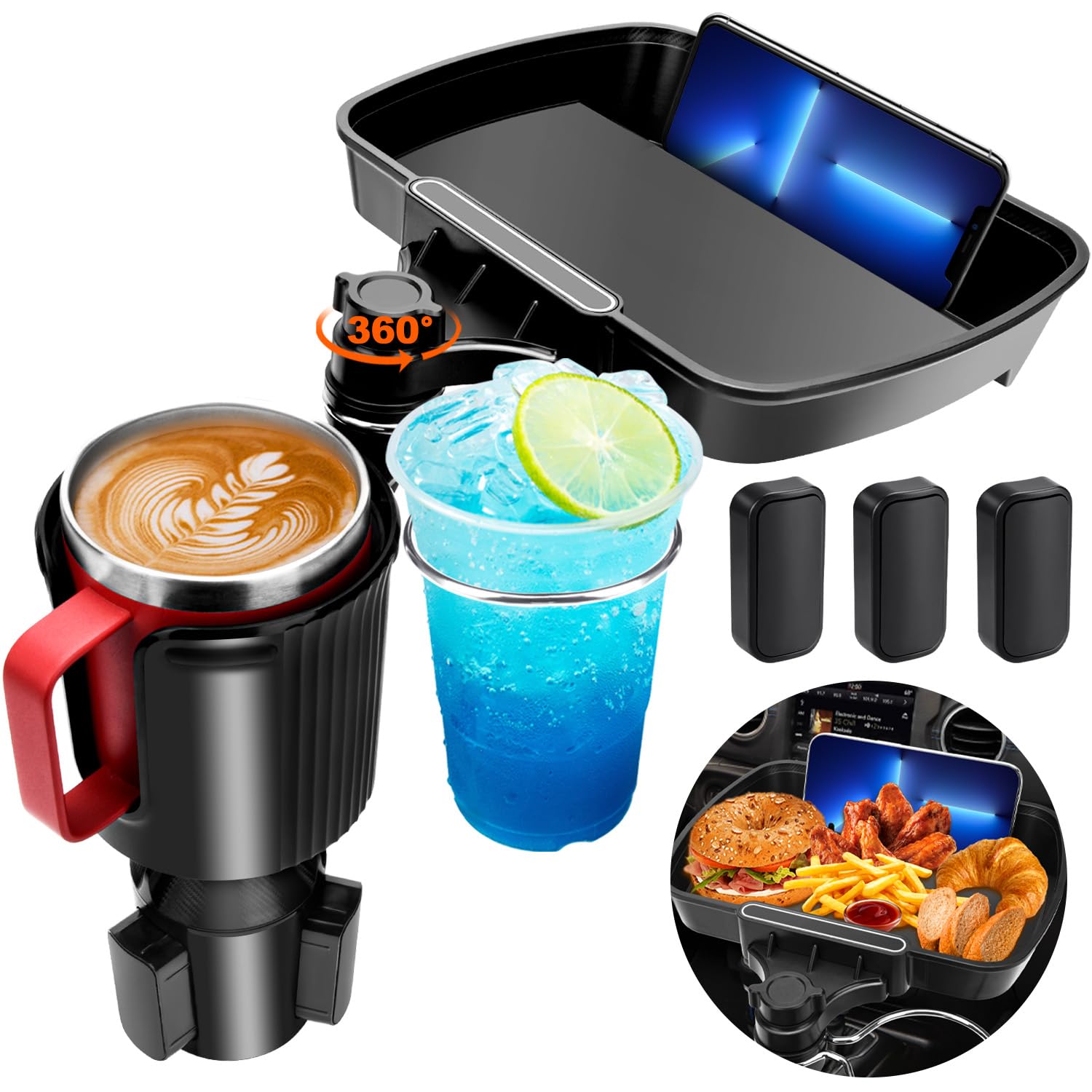 Aucurwen Cup Holder Tray For Car, 360 Rotating Car Tray, Car Food Table Tray For Eating With Solid Base & Phone Slot, Car Cup Ho
