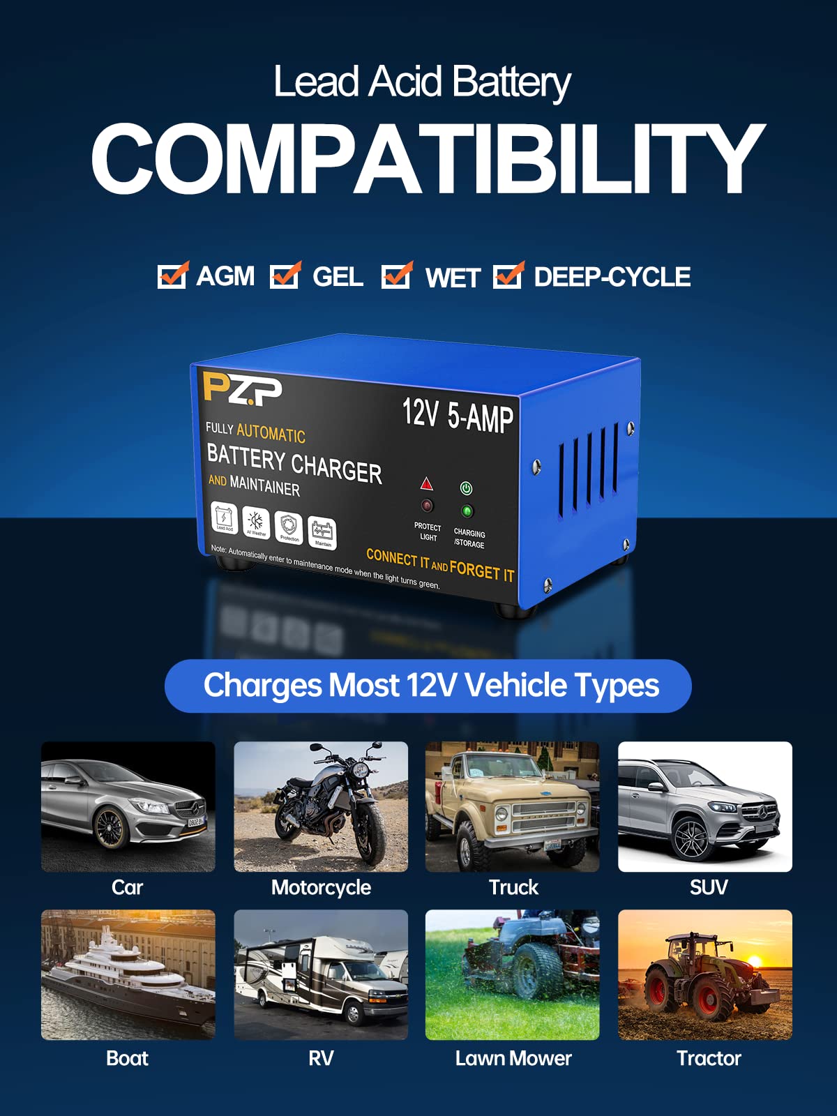 Pz.P 12V Smart Car Battery Charger, 5Amp Fully-Automatic Trickle Charger, Battery Desulfator With Auto Repair, 12 Volt Battery M