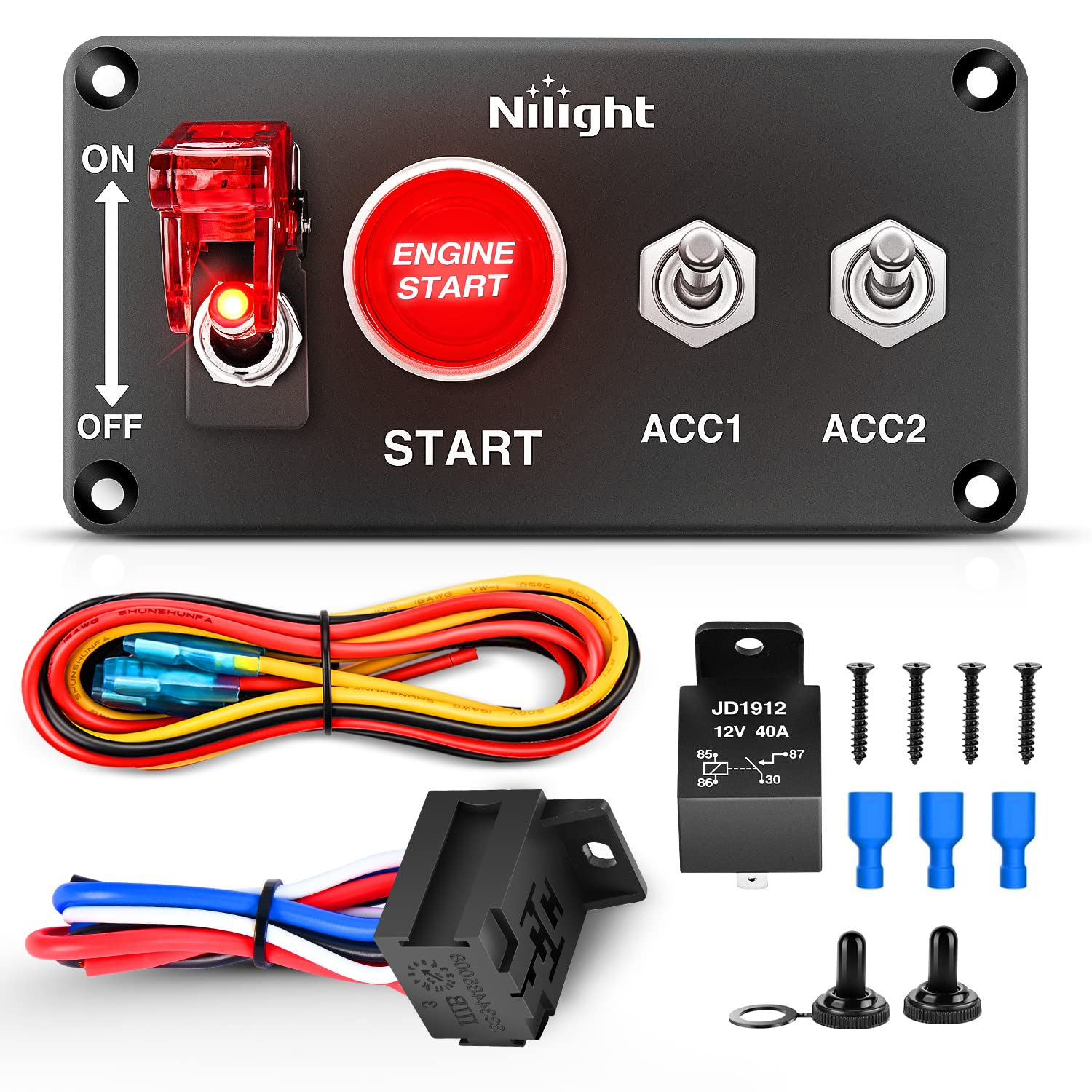 Nilight Ignition Rocker Switch Panel 12V 4 In 1 With Engine Push Button Toggle Switches With Relay Wiring Harness Led For Rv Tru