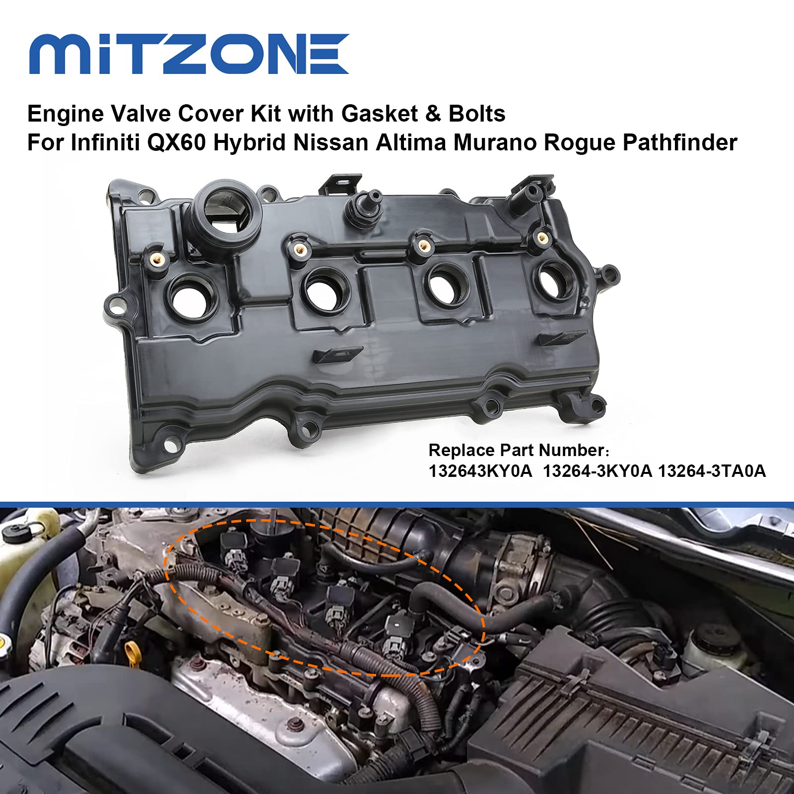MITZONE Engine Valve Cover Compatible with 2014-2017 Nissan Altima Rogue Murano 2014 Pathfinder 2014-2017 Infiniti Qx60 2.5L Rep