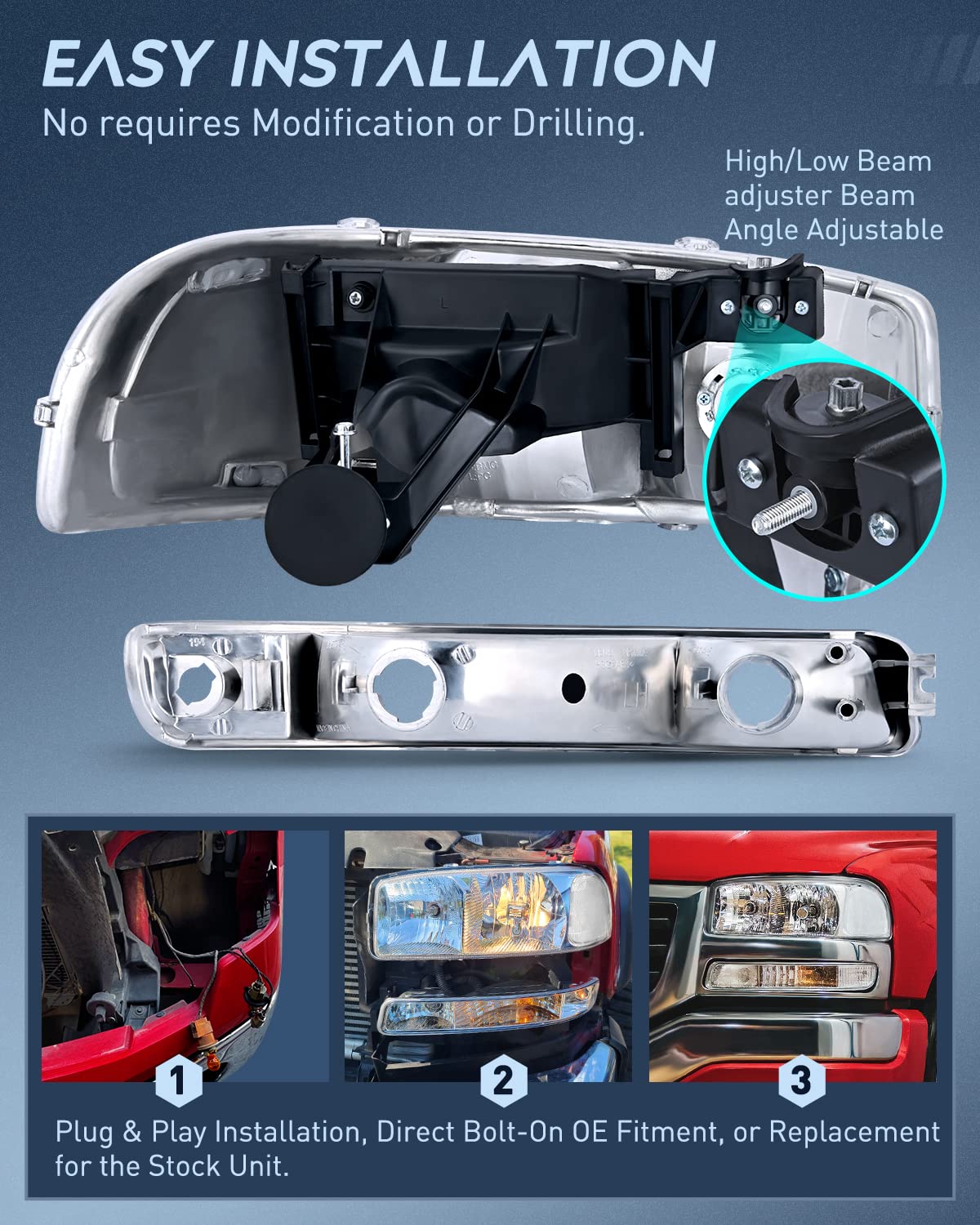 Nilight Headlight Assembly Compatible for 1999 2000 2001 2002 2003 2004 2005 2006 GMC Sierra Yukon, Chrome Housing Clear Corner