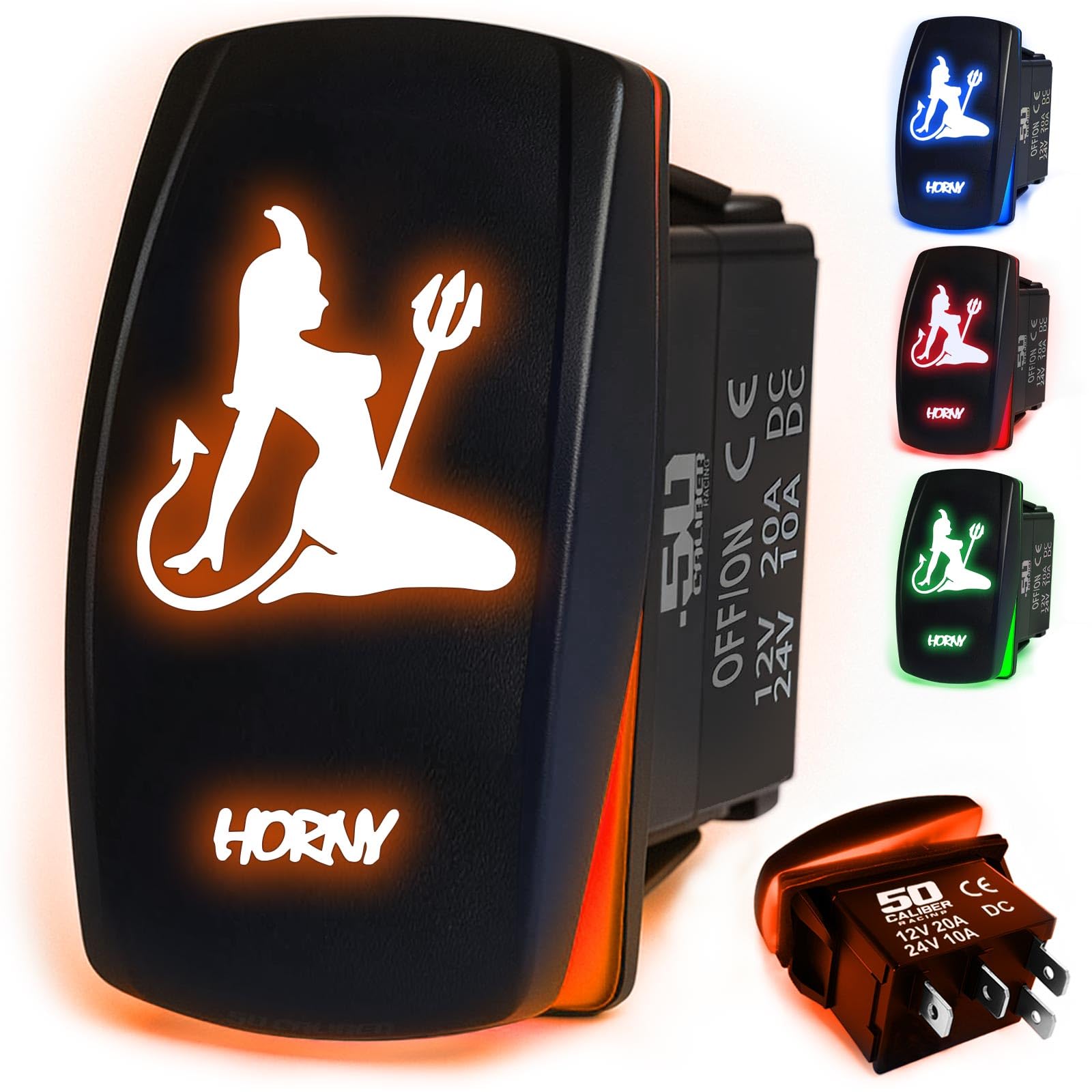50 Caliber Racing Rocker Switch Momentary/Off Led Backlit -Horny- Utv, Auto, Boat 20A 12V (Orange)