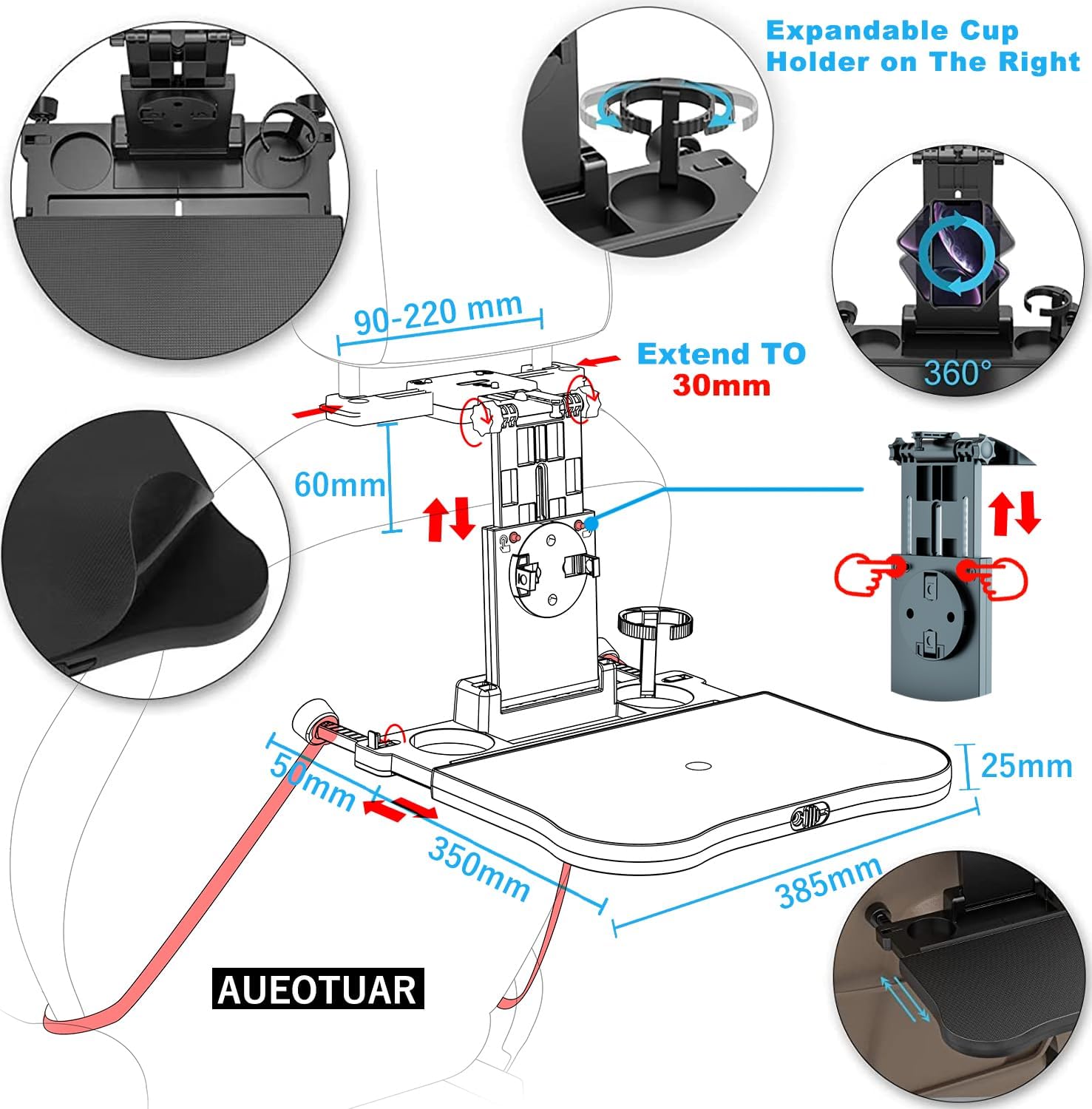 Car Back Seat Tray Table - Stable Foldable Auto Backseat Food Trays Desk for Rear Passenger Road Trip Eating & Work, Multifuncti