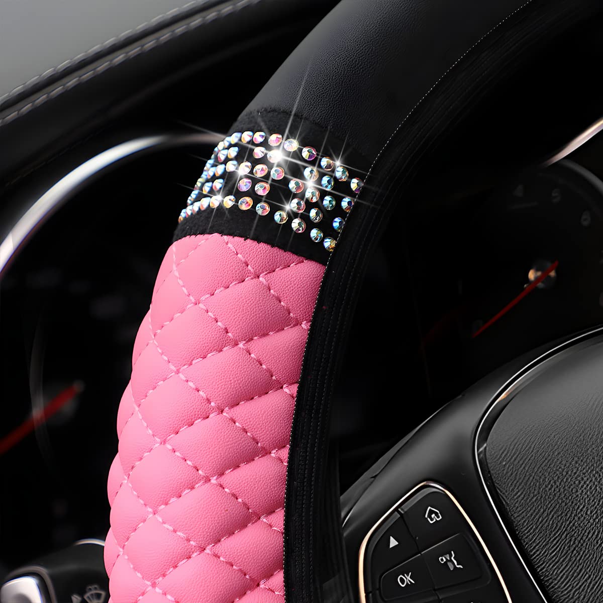 Bling Soft Leather Steering Wheel Cover, 15 Inch Colorful Rhinestones Auto Elastic Steering Wheel Protector, Sparkly Crystal Dia