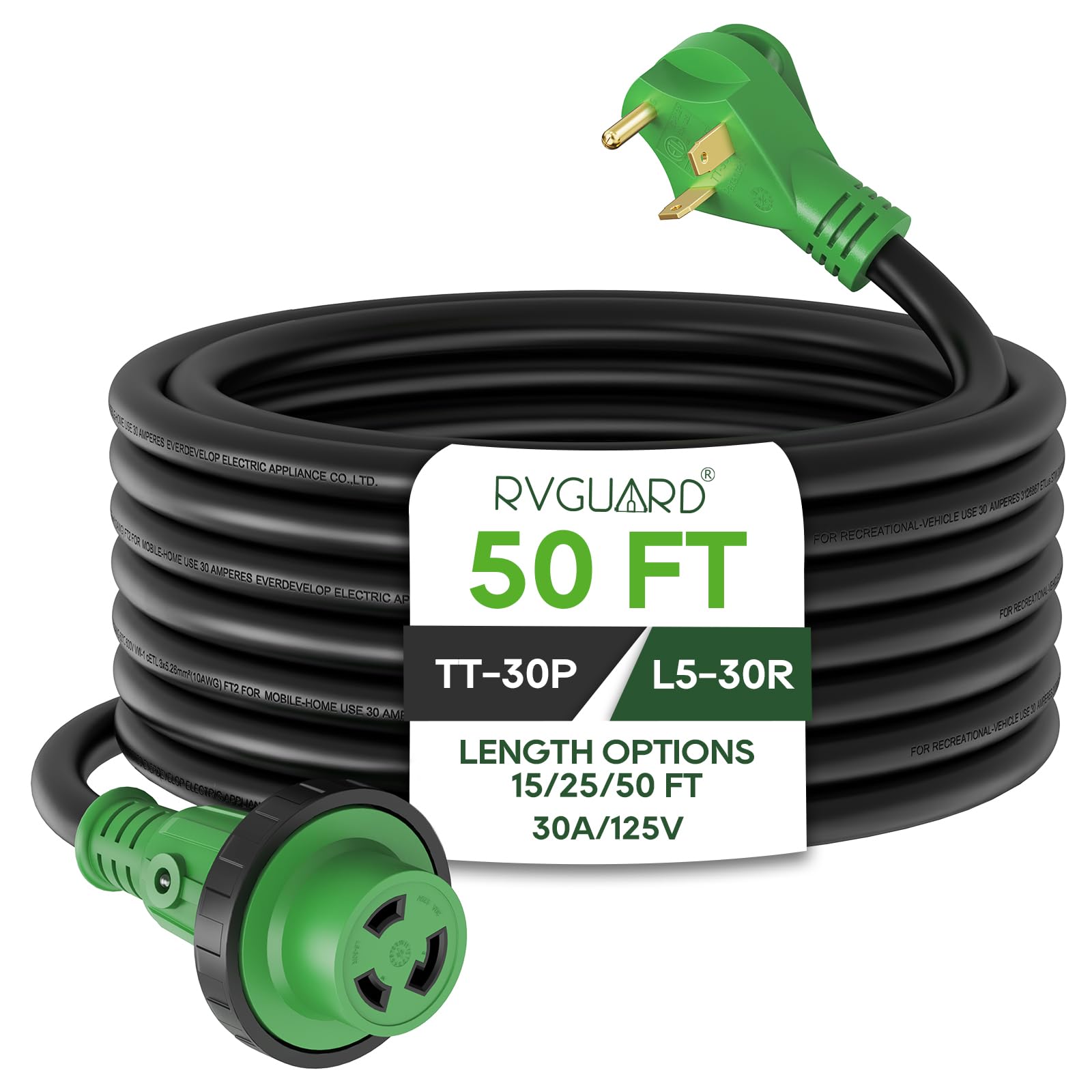 Rvguard 30 Amp 50 Foot Rv Power Extension Cord, Heavy Duty Stw Cord With Led Power Indicator And Cord Organizer, 30 Amp Male Standard To 30 Amp Female Locking Connector, Green, Etl Listed