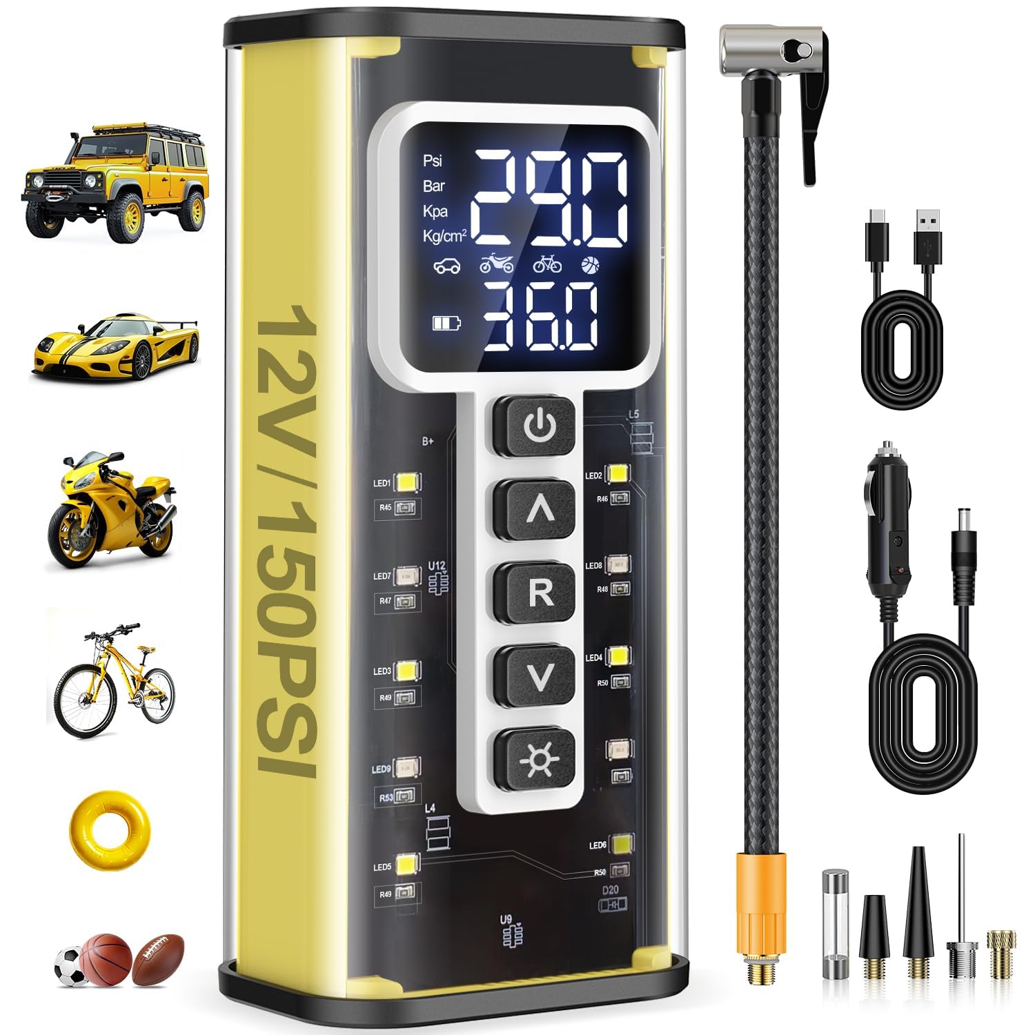 Tire Inflator Portable Air Compressor, 20000Mah Air Pump For Car Tires, 150Psi Tire Infltor, 12V Dual Power Supply,Tire Pressure