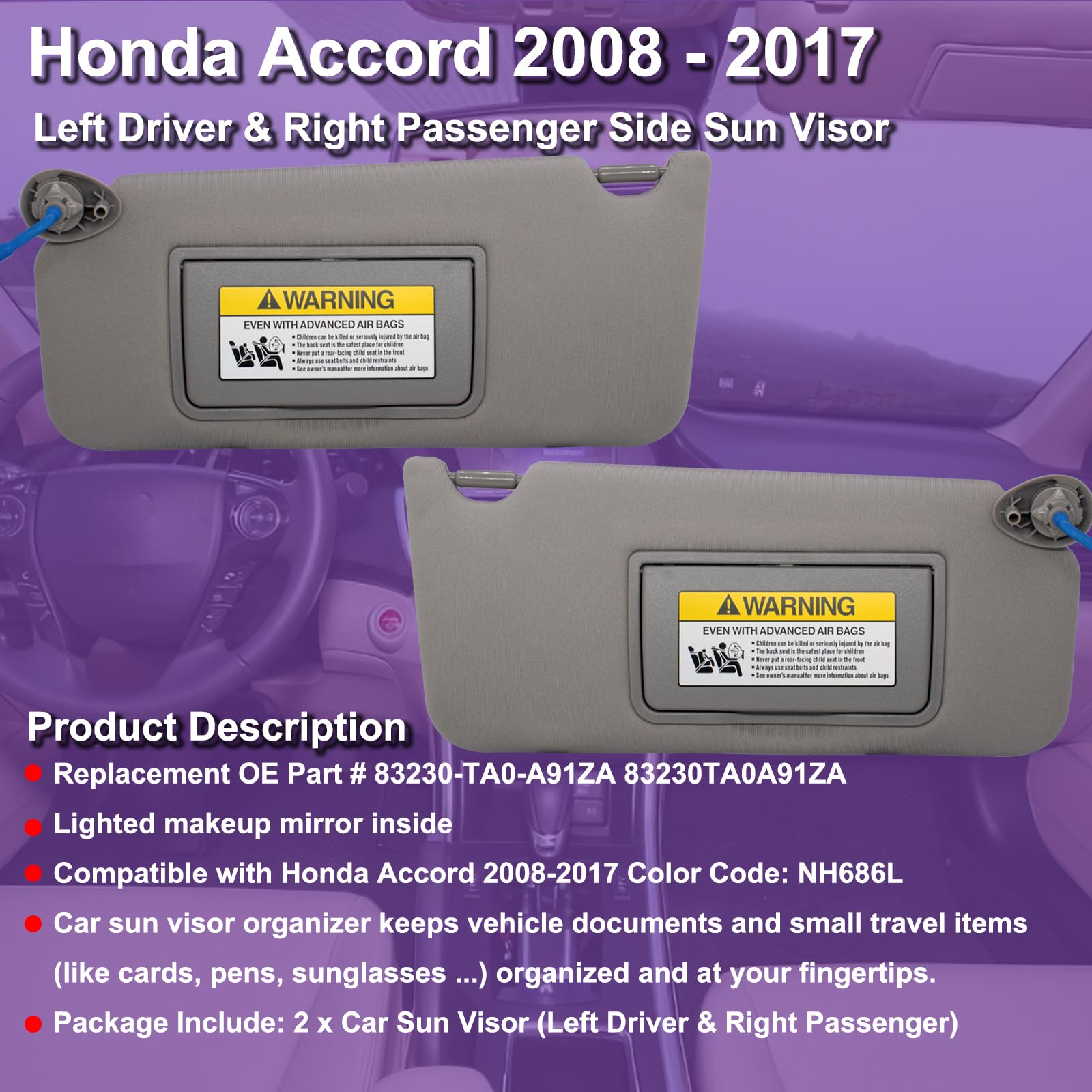 Nhiles Left Driver & Right Passenger Side Sun Visor Compatible With Honda Accord 2008 2009 2010 2011 2012 2013 2014 2015 2016 20