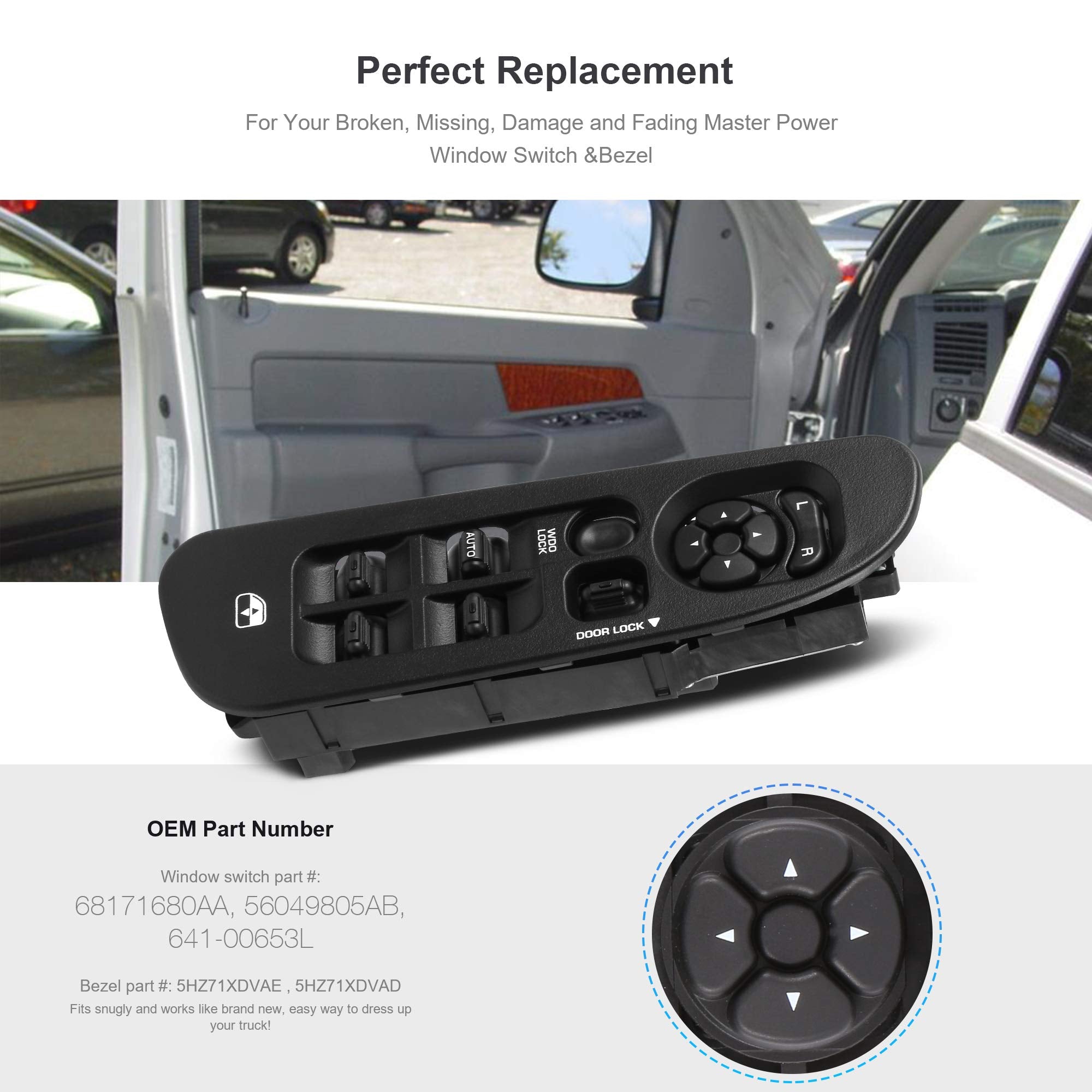 Basiker Master Power Window Switch And Bezel Driver Side And Window Bezel Passenger Side Replacements For 2002-2010 Dodge Ram 15