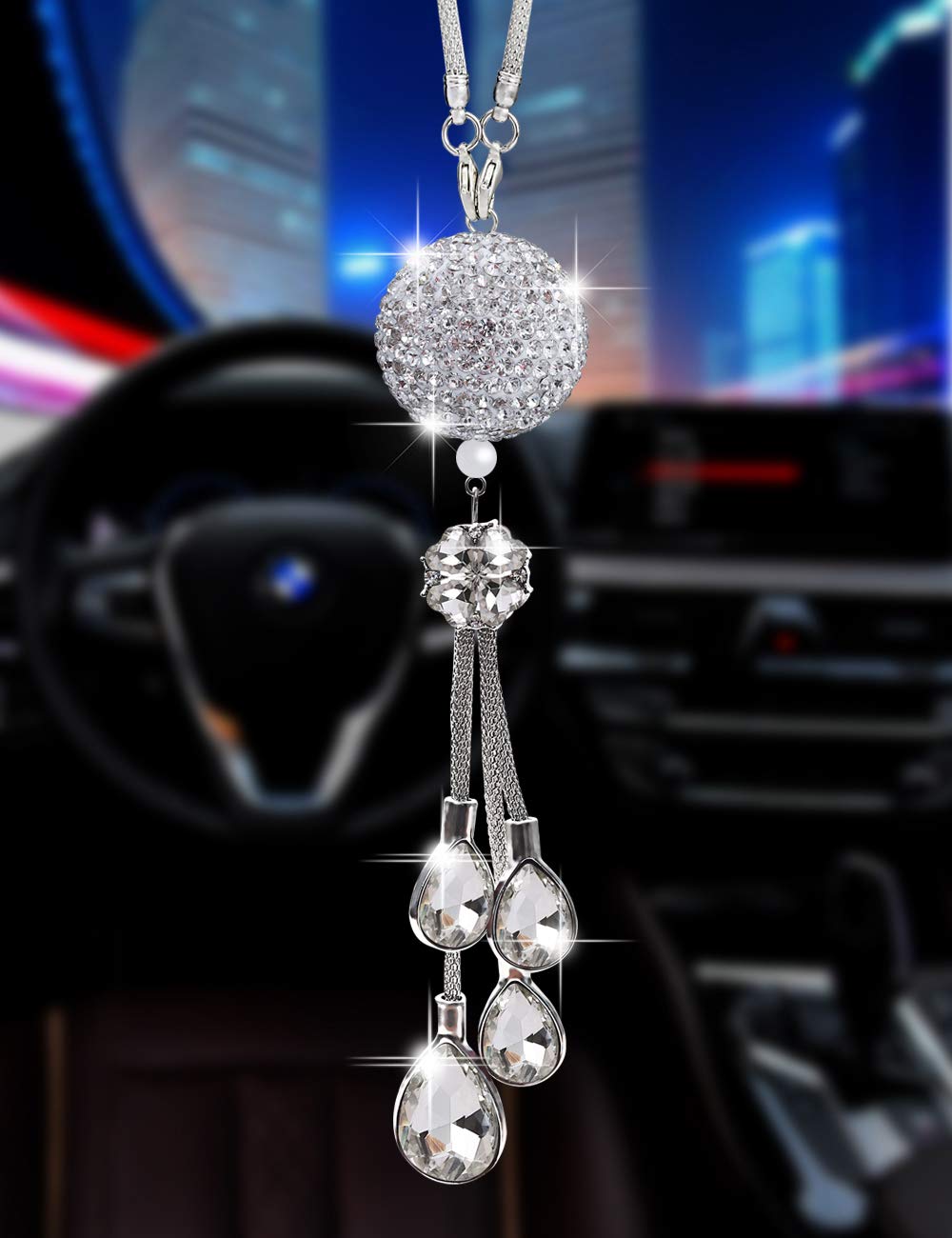 Bling Car Accessories For Women And Man,Cute Decor Women,Lucky Crystal Sun Catcher Ornament,Rear View Mirror Ball Charm (30 Mm Clear) (White)