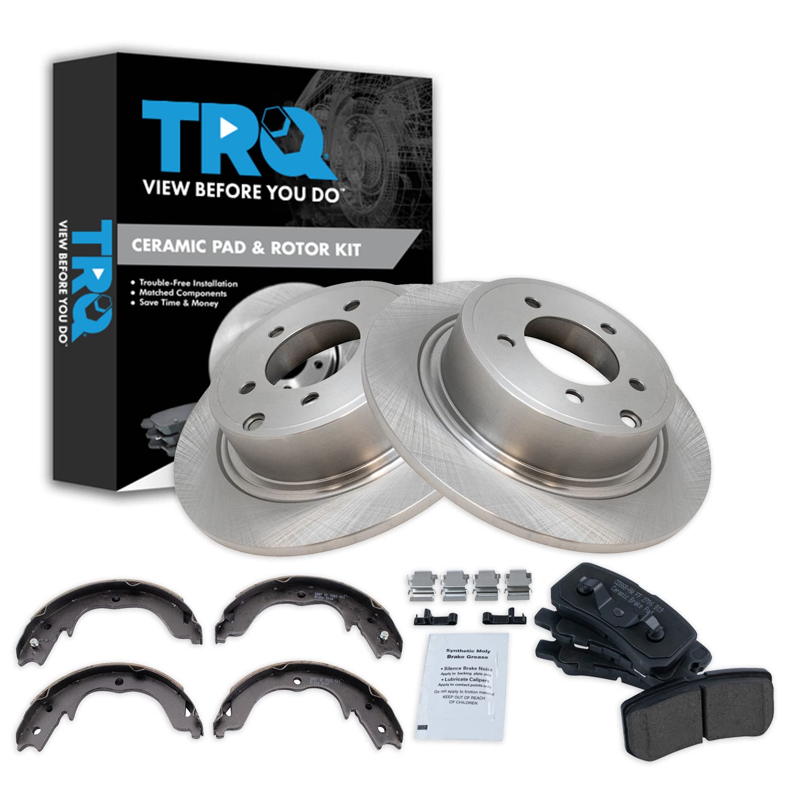 Trq Rear Brake Pad & Rotor Kit Brake Pads Brake Rotor Parking Brake Shoe Set Ceramic Compatible With 2011-2012 Mitsubishi Outlan