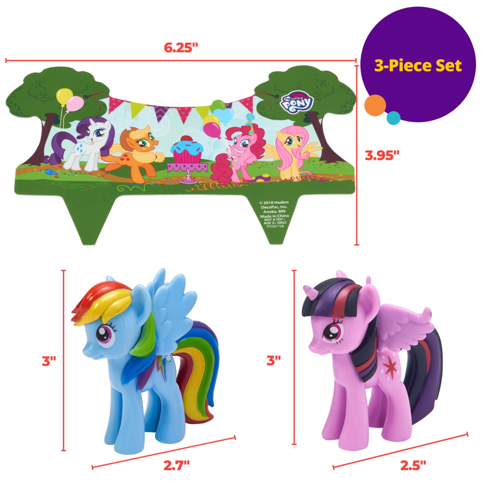 Decopac My Little Pony Cake Topper, 3-Piece Cake Decorations With Rainbow Dash And Twilight Sparkle Ponies For Fun After The Bir