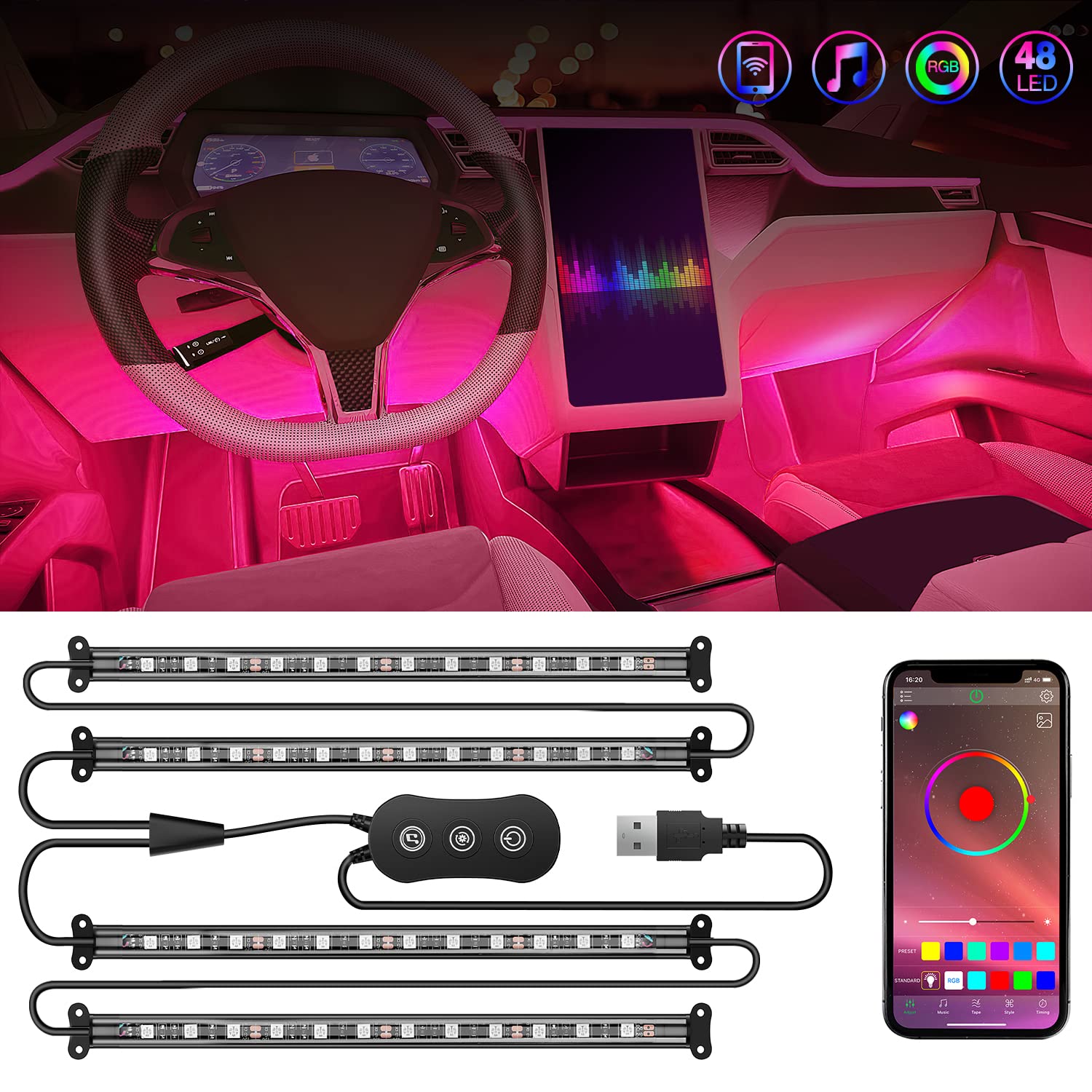 Nilight 4Pcs Usb Interior Car Lights 48 Leds Rgb Led Strips Lights With App Control Music Sound Active Mode Under Dash Footwell