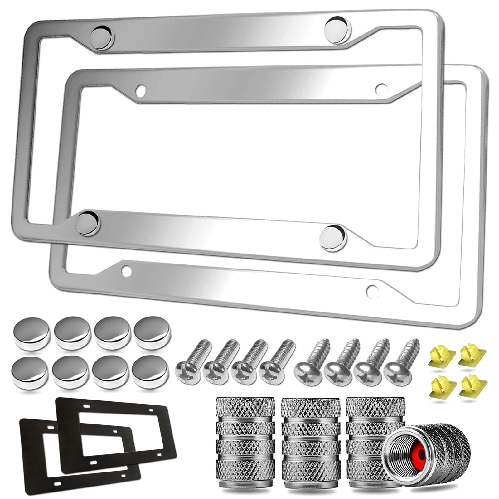 Stainless Steel License Plate Frame- 2 Pack License Plate Holder, With Screws, Chrome Caps, Heavy Duty Rustproof Metal Front Rea