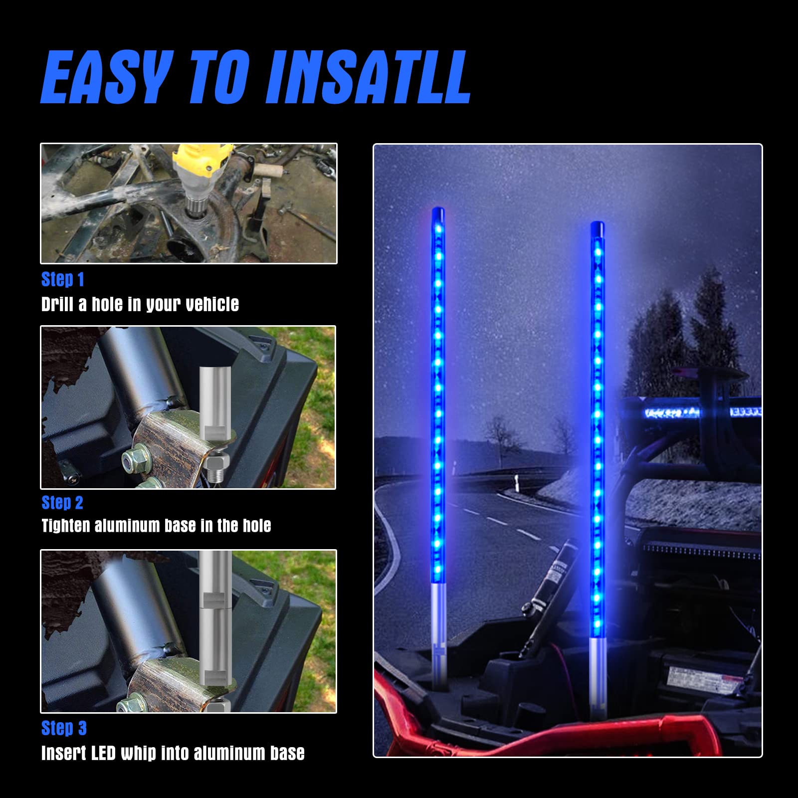 1Pc 1.2M Blue Led Whip Light For Truck, Bestzheyu 4Ft Atv Utv Led Whip Light Antenna Whips For Rzr Polaris Off-Road Sand Dune Buggy 4X4