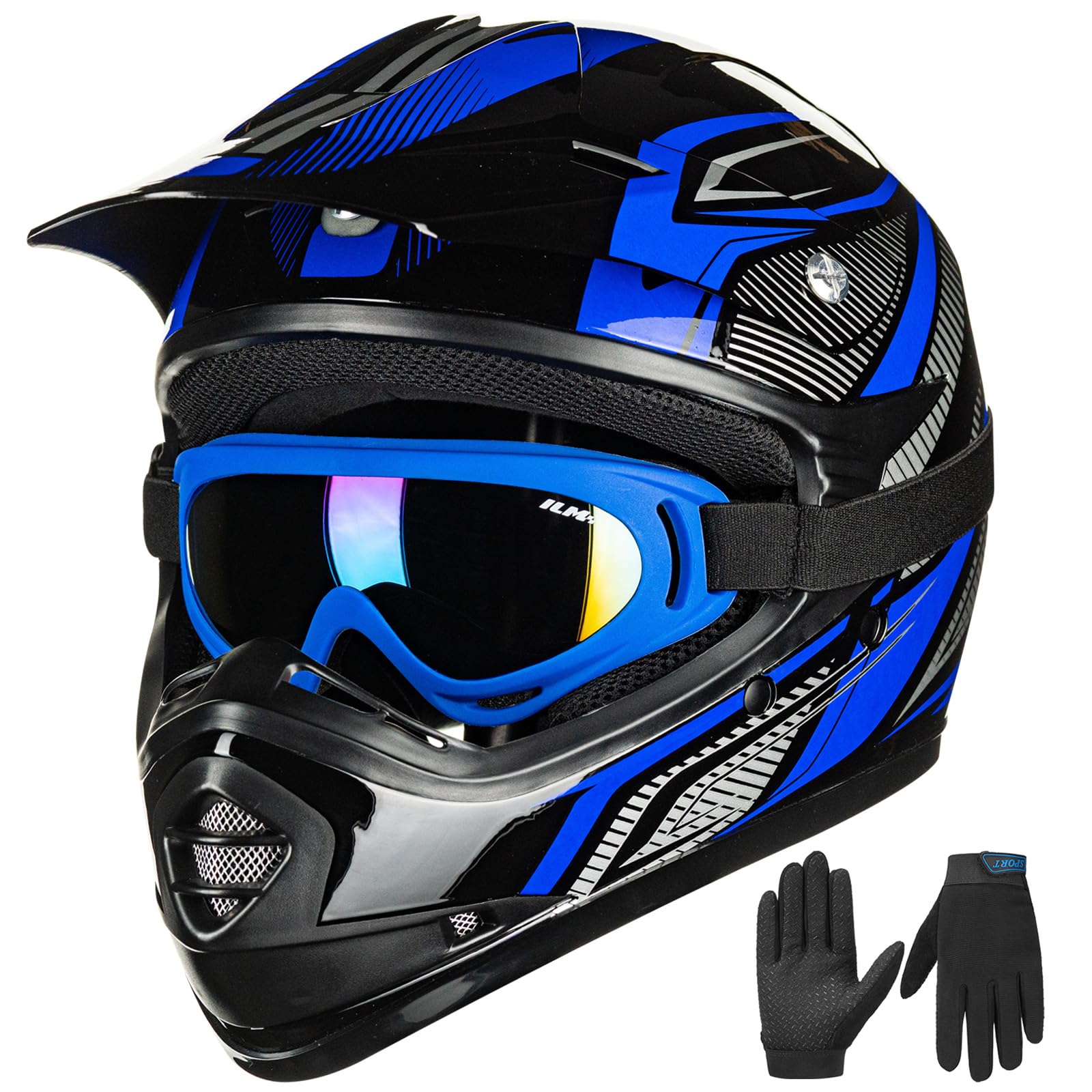 Ilm Youth Kids Atv Motocross Helmet Goggles Sports Gloves Dirt Bike Motorcycle Off Road Dot Approved B07 (Youth-M, Blue/Silver)