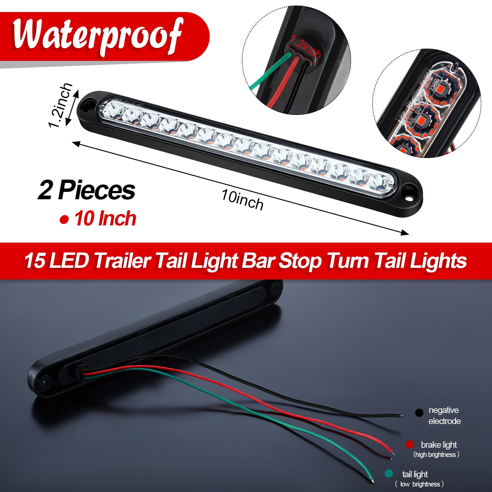 Frienda 2 Pieces 10 Inch 15 Led Trailer Tail Light Bar Stop Turn Tail Lights Assembly Third Brake Strip 9 To 30-Volt Trailer Ide