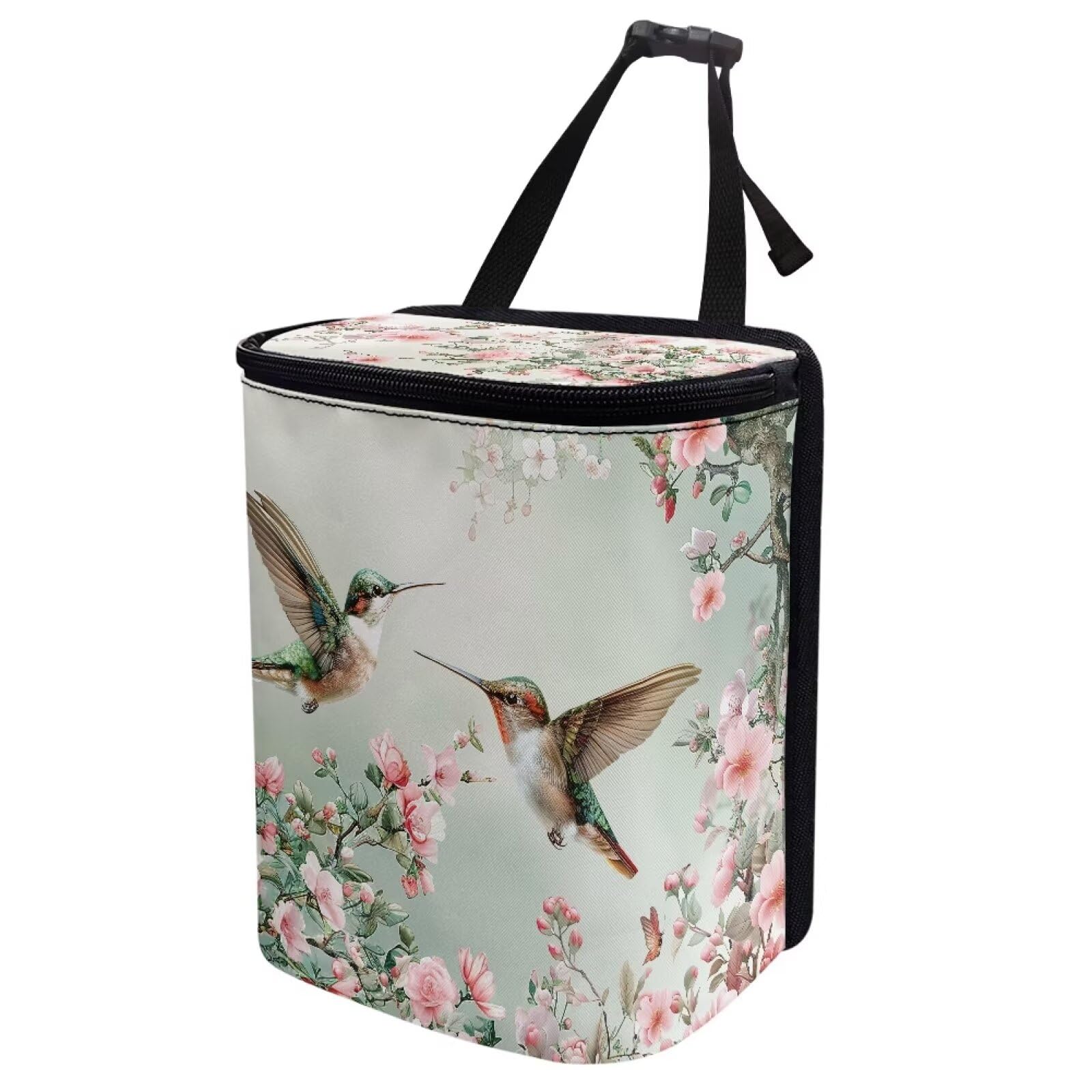 Talayituse Hummingbird Floral Print Car Trash Can with Lid, Leak Proof Auto Trash Bag Hanging Vehicle Garbage Can Multipurpose S