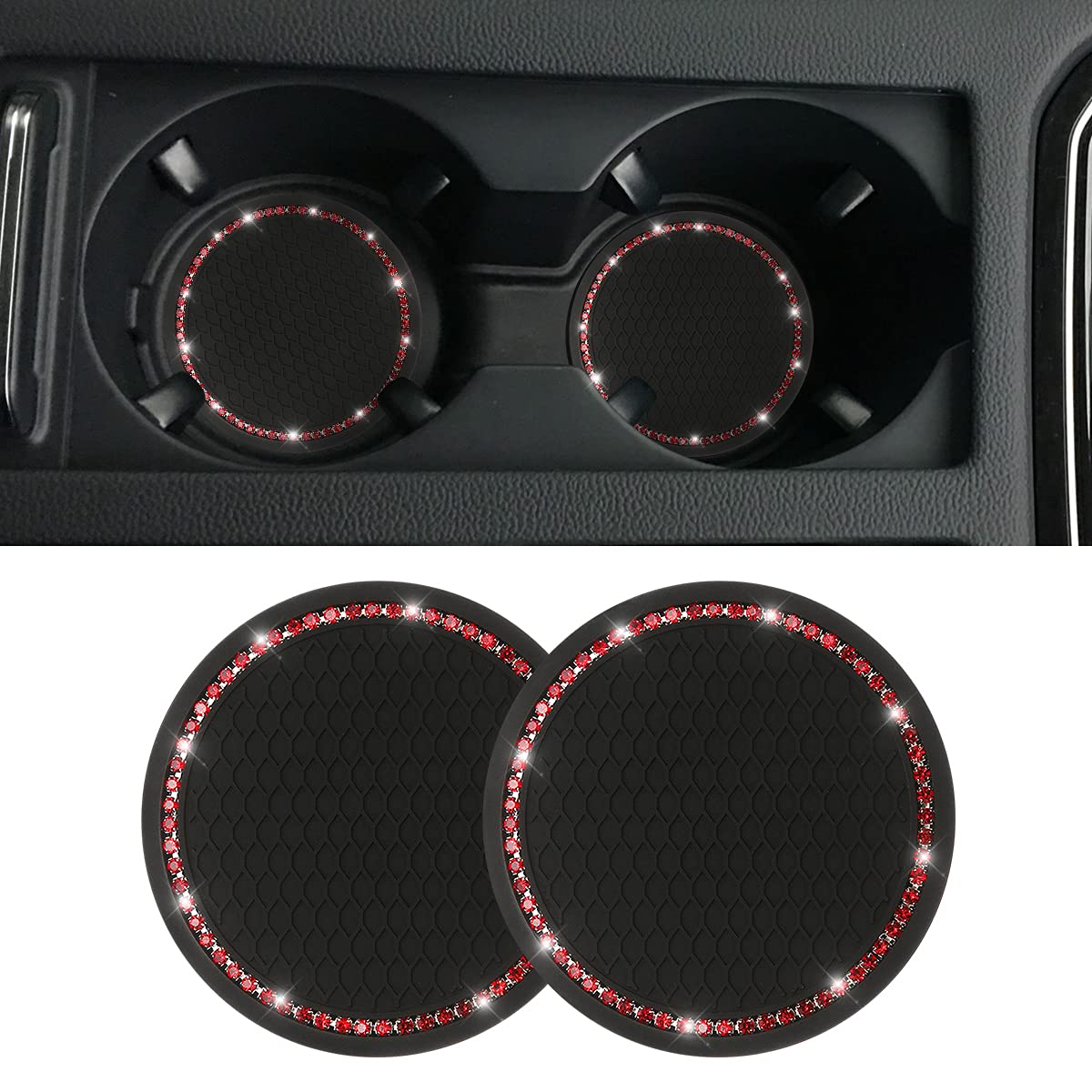 Car Bling Cup Holder Coaster, 2 Pack 2.75 Inch Crystal Rhinestone Car Cup Holder Insert Coaster,Universal For Cars, Vehicles, Suvs, Car Interior Accessories For Women And Men (Black/Red)