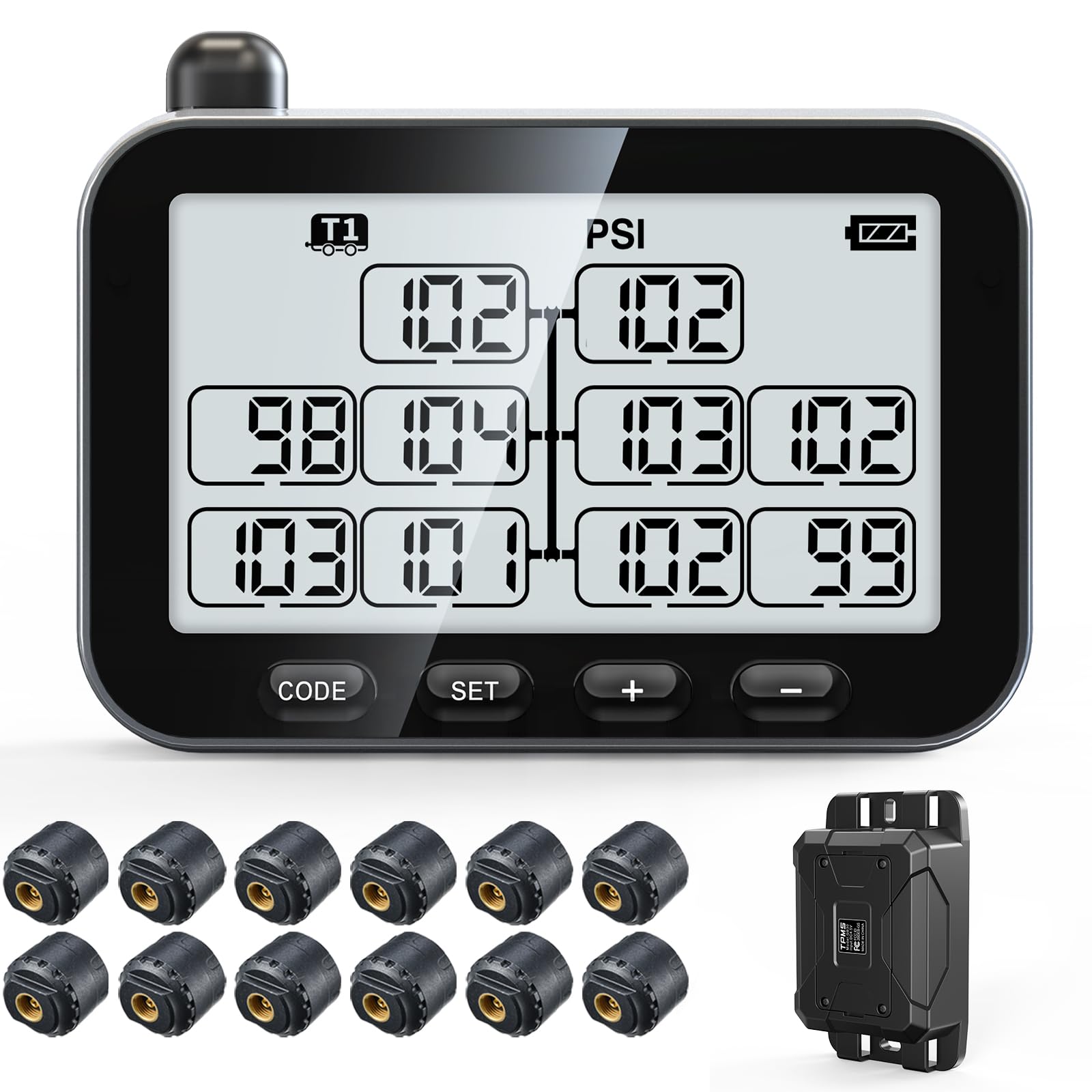 Guta Trailer Tire Pressure Monitoring System, Rv Tpms With 12 Sensors, 6 Alert Modes, Signal Booster, Power Saving Display, Long