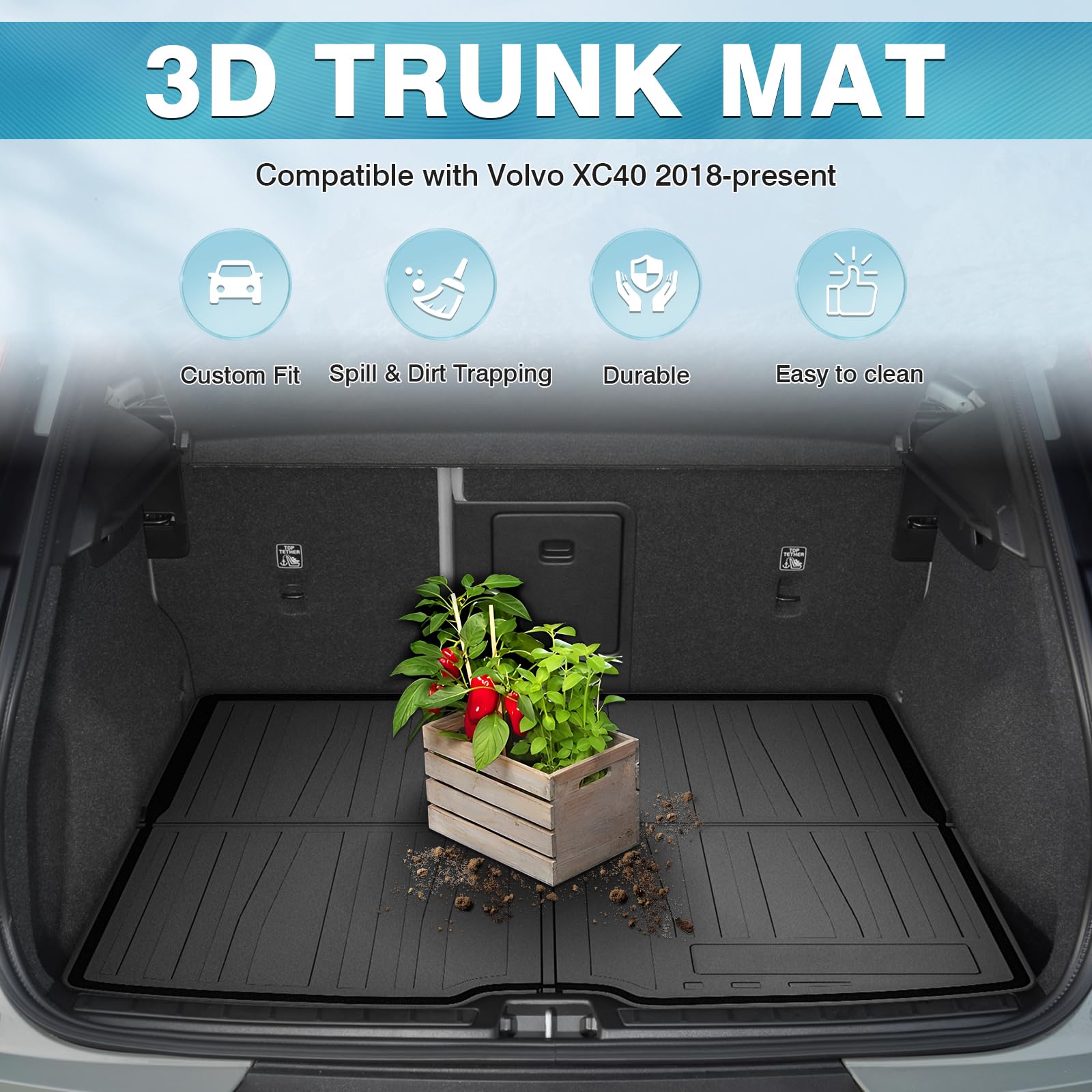 Mixsuper Custom Fit Cargo Liner for 2018-2023 Volvo XC40/ 2022-2023 Volvo C40 Recharge, All Weather Trunk Mat 3D Anti-Slip Rear