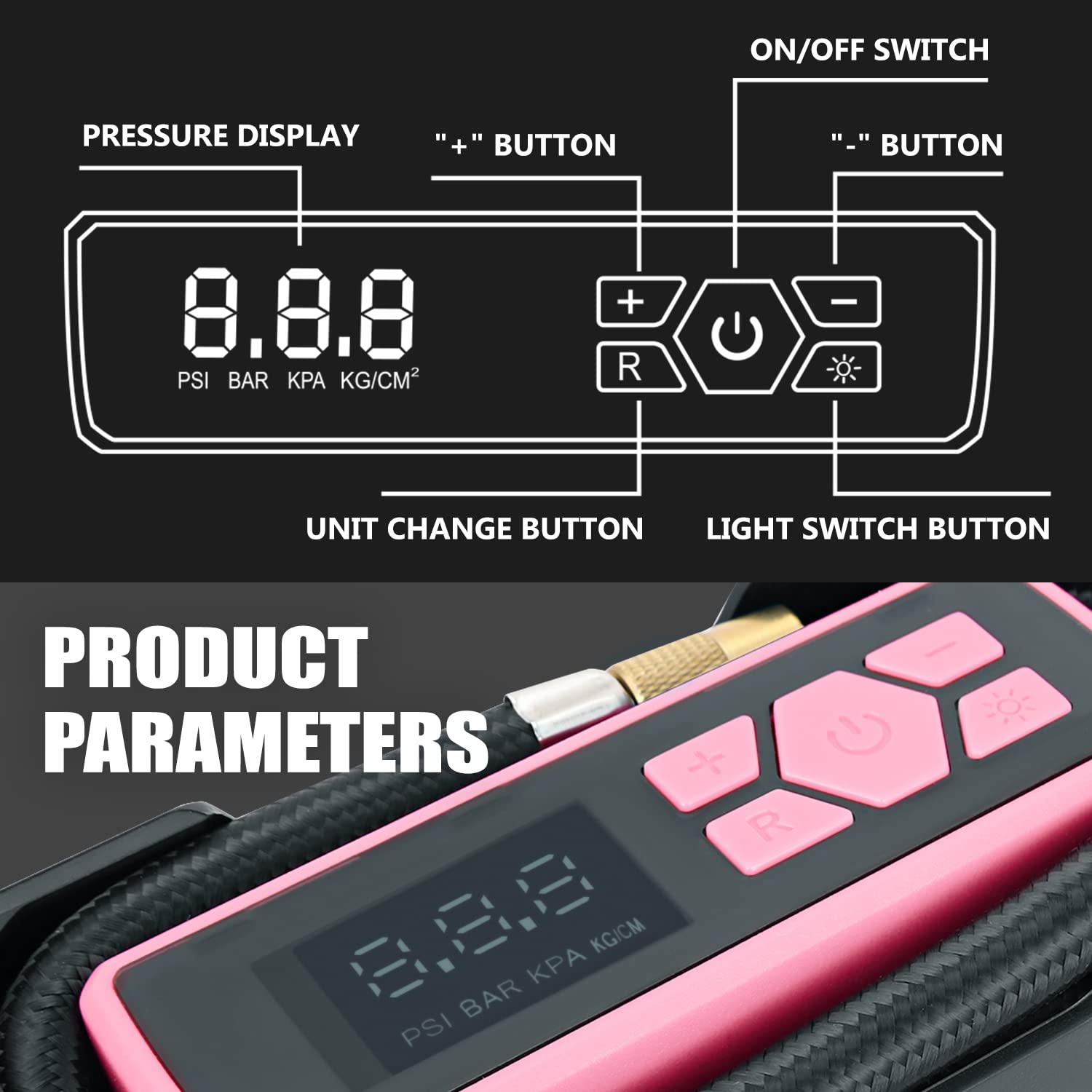 Dna Motoring Tools-00212 Pink 12V Dc Digital Tire Inflator Portable Air Compressor With Pressure Gauge For Cars, Bicycles, Motor