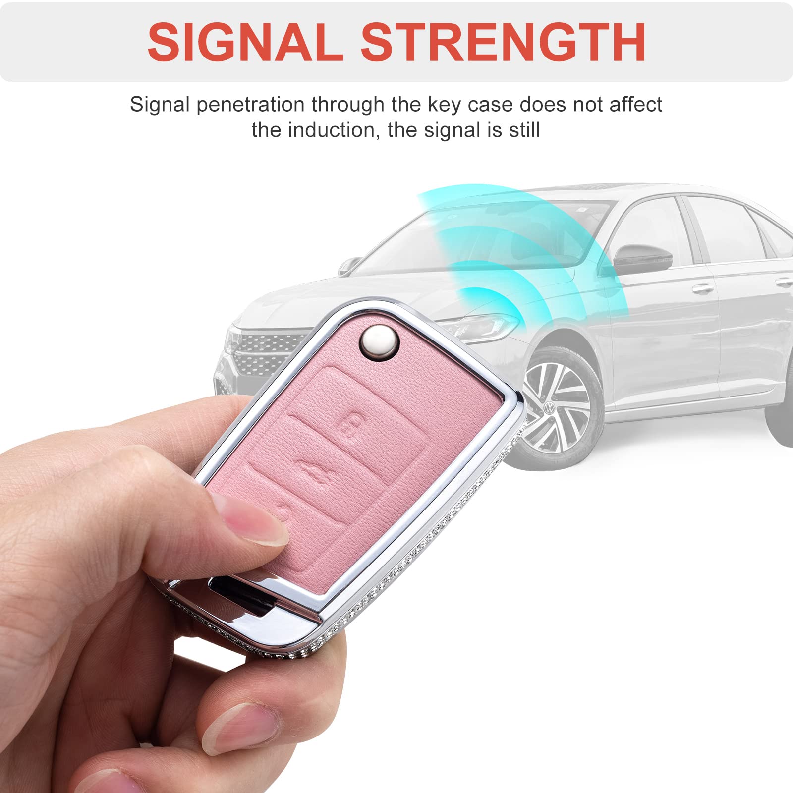 Ruabiban For Vw Volkswagen Key Fob Cover With Keychain, Pink Genuine Leather Crystal Key Case Protection Shell