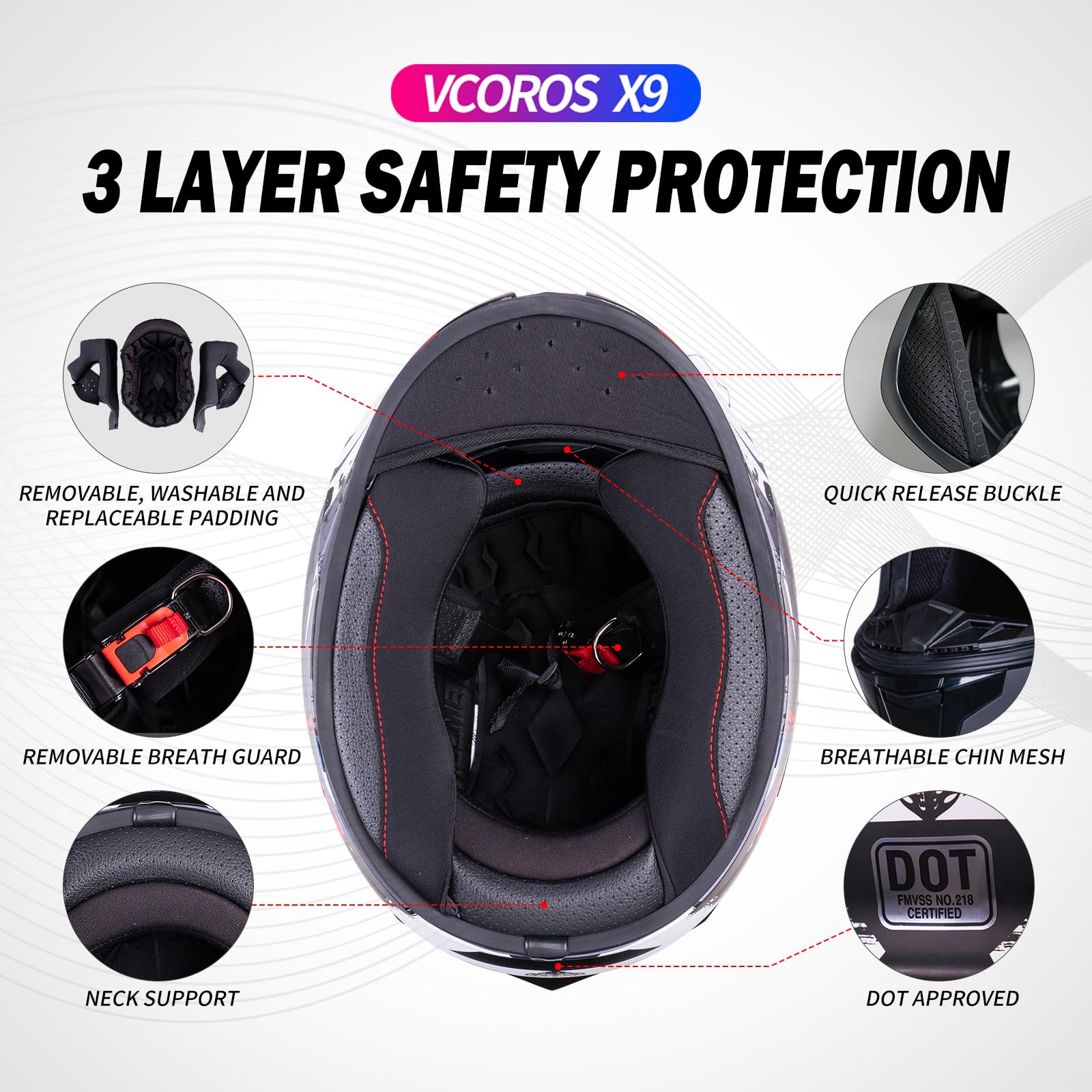 VCOROS X9 Full Face Motorcycle Helmet - DOT Approved, Medium, Alien Color, ABS, with Inner Sun Visor & Bluetooth Speaker Pockets