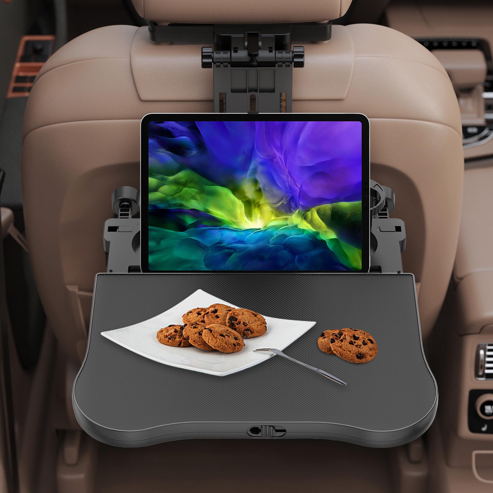 Tueou Car Seat Tray Table - Foldable Car Kids Passenger Roadtrip Eating Food Backseat Travel Trays Dinning Working Laptop Desk With Non-Slip Pad/Phone/Tablet Holder