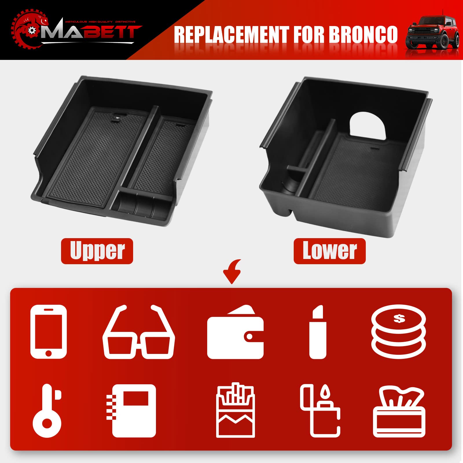 Mabett Console Organizer Tray For Bronco Accessories, Armrest Storage Box Fit Bronco 2021 2022 2023 2024 2/4-Door Wiht Non-Slip